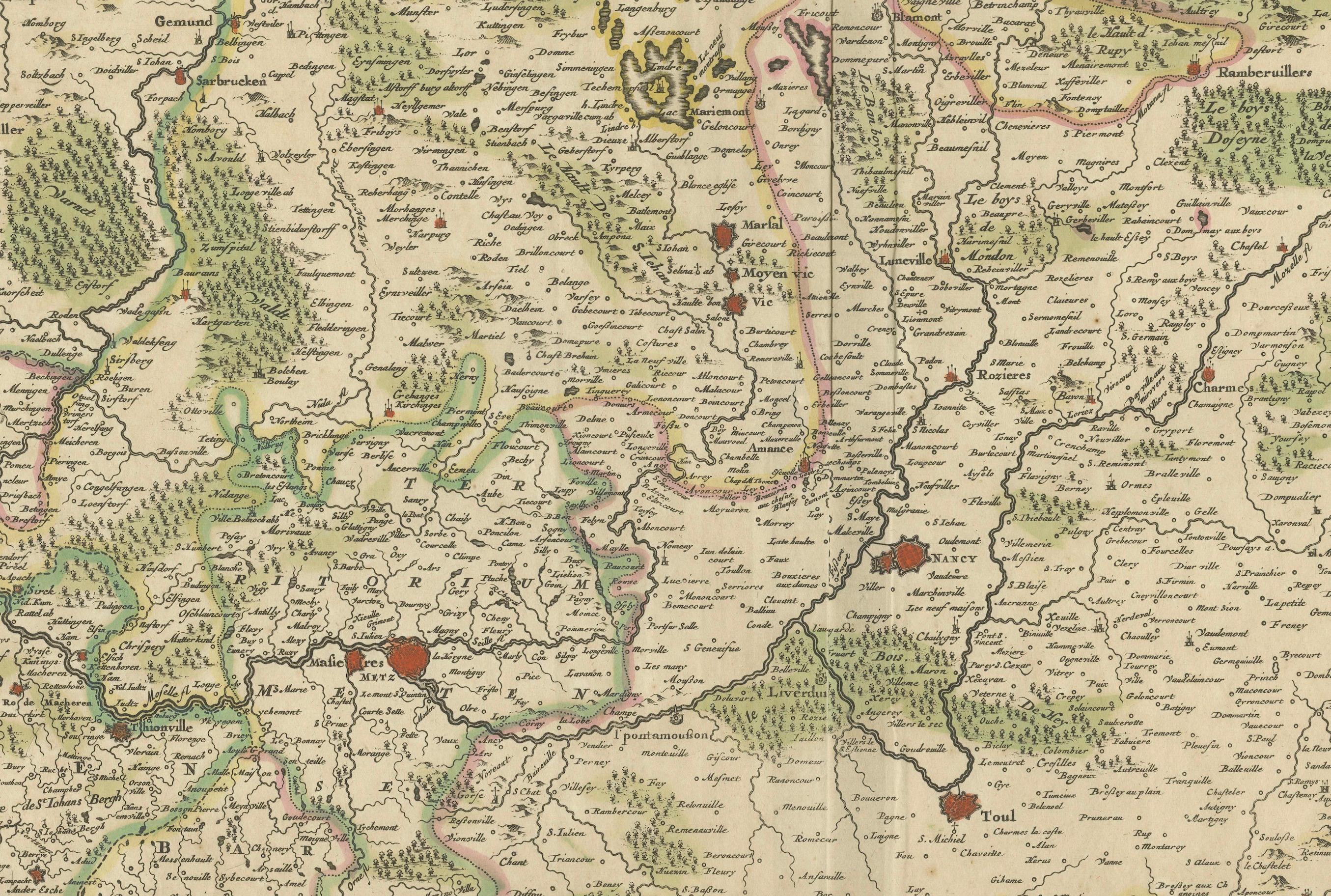 Engraved Historic 1690 Map of Lorraine in France by Allard - Cities of Toul, Nancy, Metz For Sale