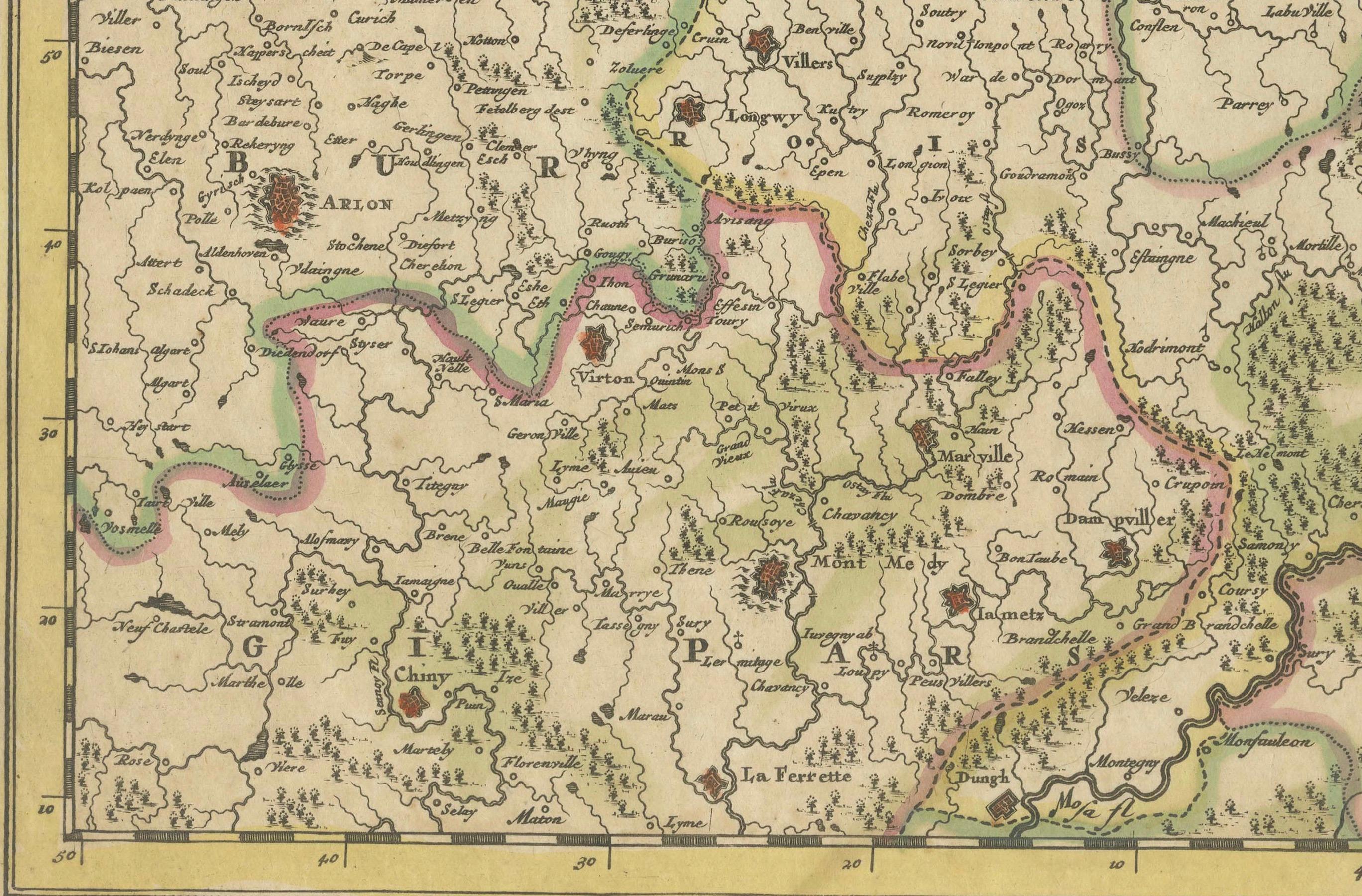 Paper Historic 1690 Map of Lorraine in France by Allard - Cities of Toul, Nancy, Metz For Sale