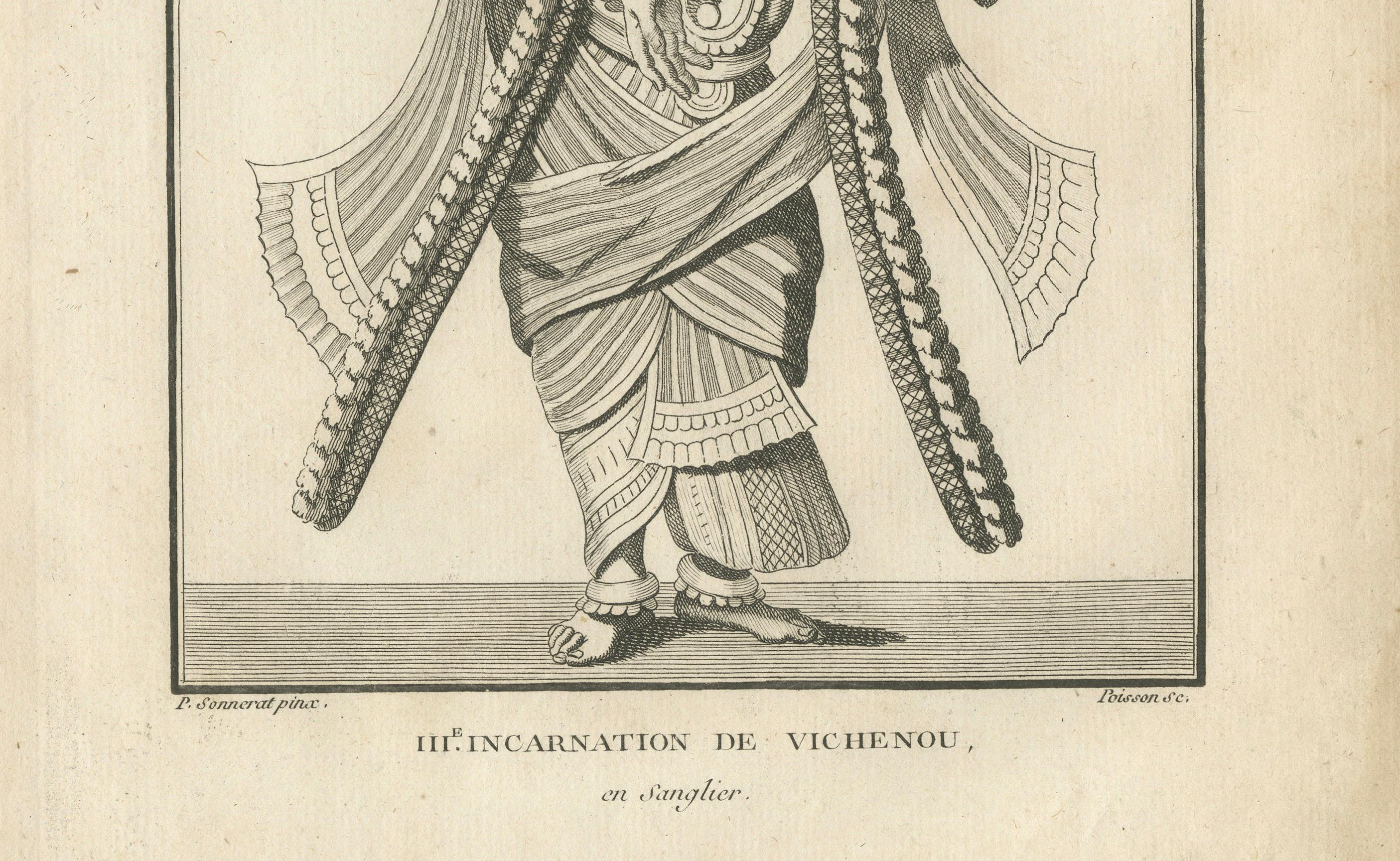 Titre : Varaha Vishnu Boar Avatar, gravure ancienne de 1806 - Gravure hindoue

Description : Cette magnifique estampe ancienne, intitulée 