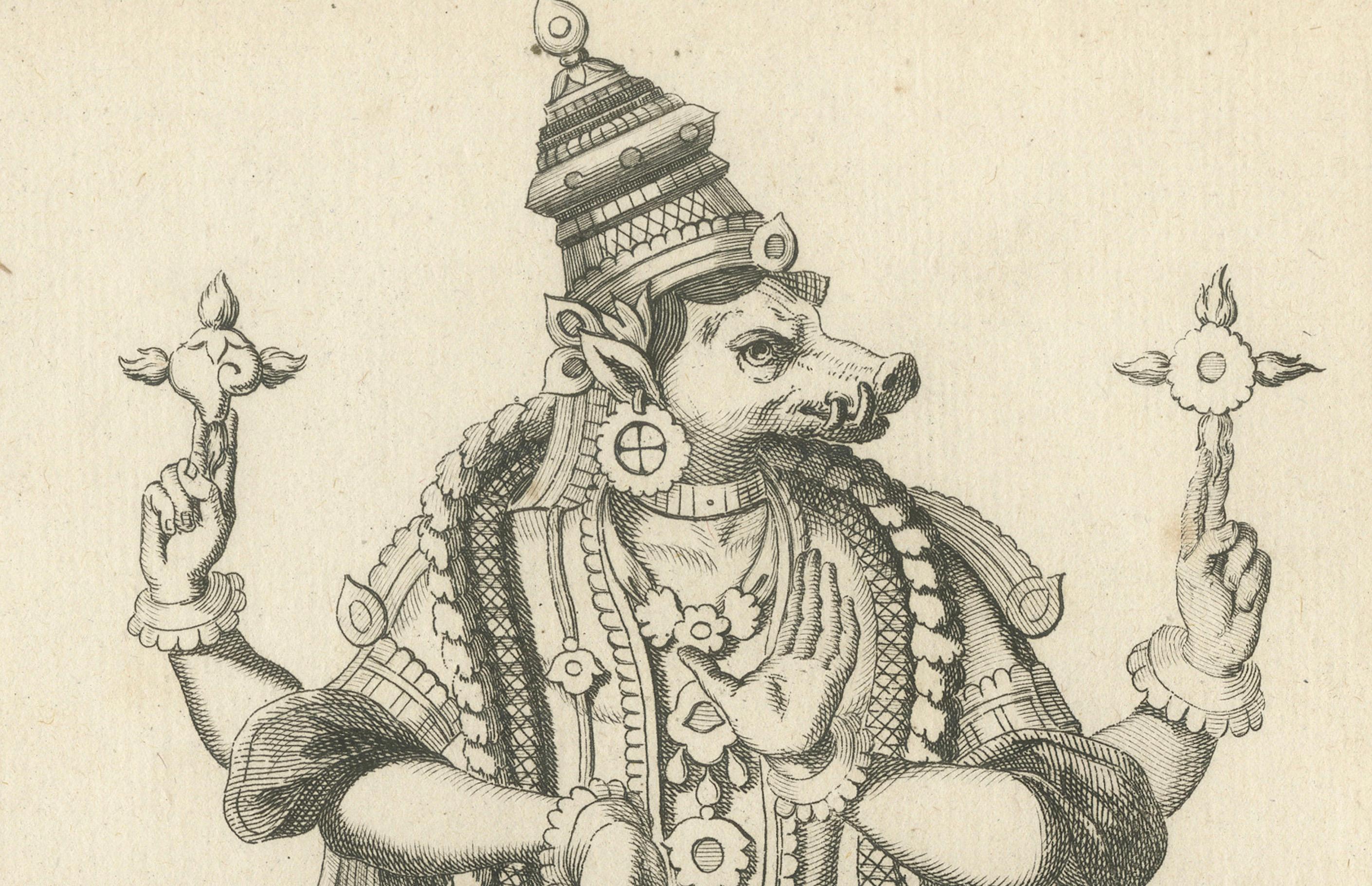 Impression ancienne du Avatar Varaha Vishnu Boar Avatar, gravure hindoue, 1806 Bon état - En vente à Langweer, NL
