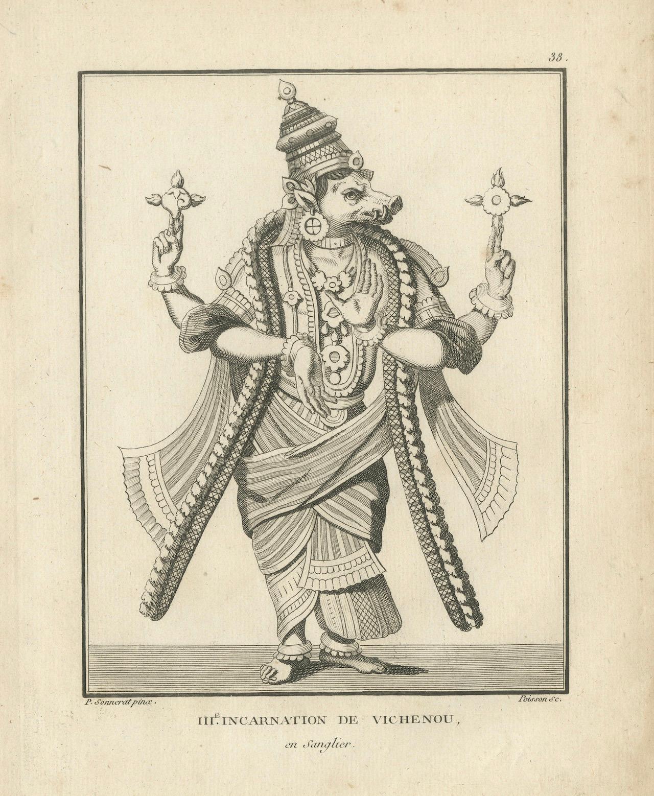 Impression ancienne du Avatar Varaha Vishnu Boar Avatar, gravure hindoue, 1806 en vente 1