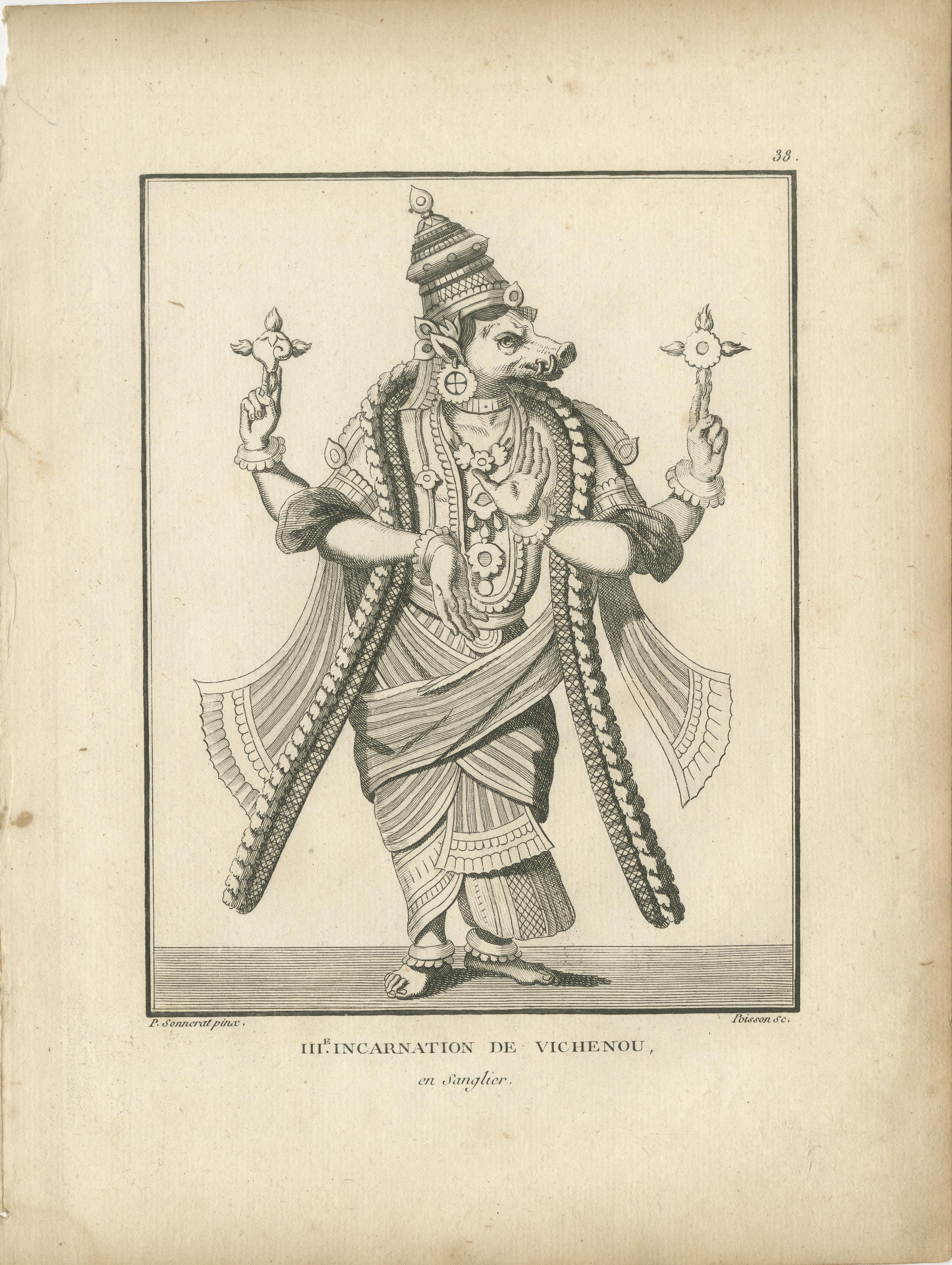 Impression ancienne du Avatar Varaha Vishnu Boar Avatar, gravure hindoue, 1806 en vente 2