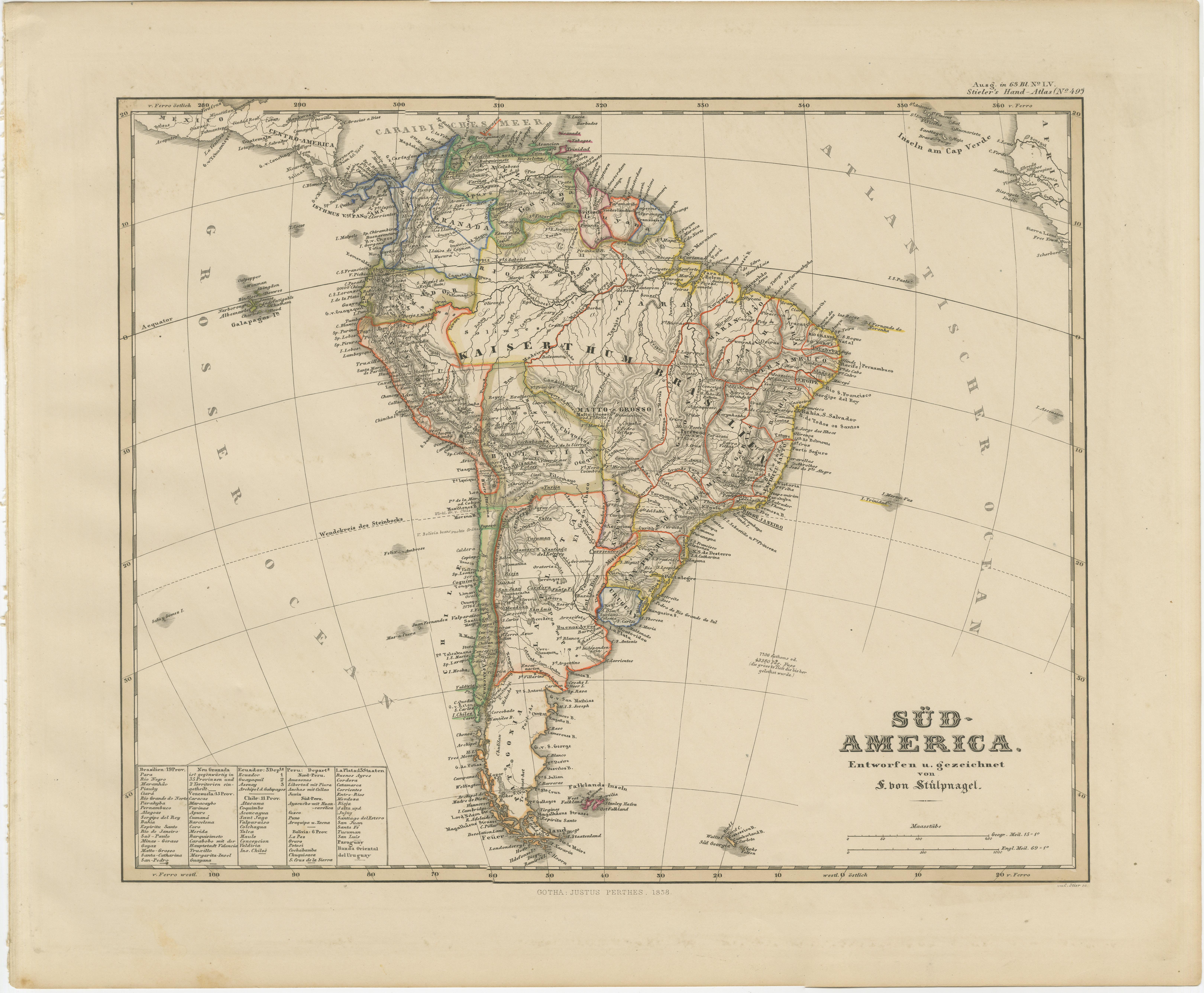 Mapa antiguo de América del Sur - Grabado de Stülpnagel Publicado por Perthes, 1858

Detallado mapa grabado del siglo XIX titulado 