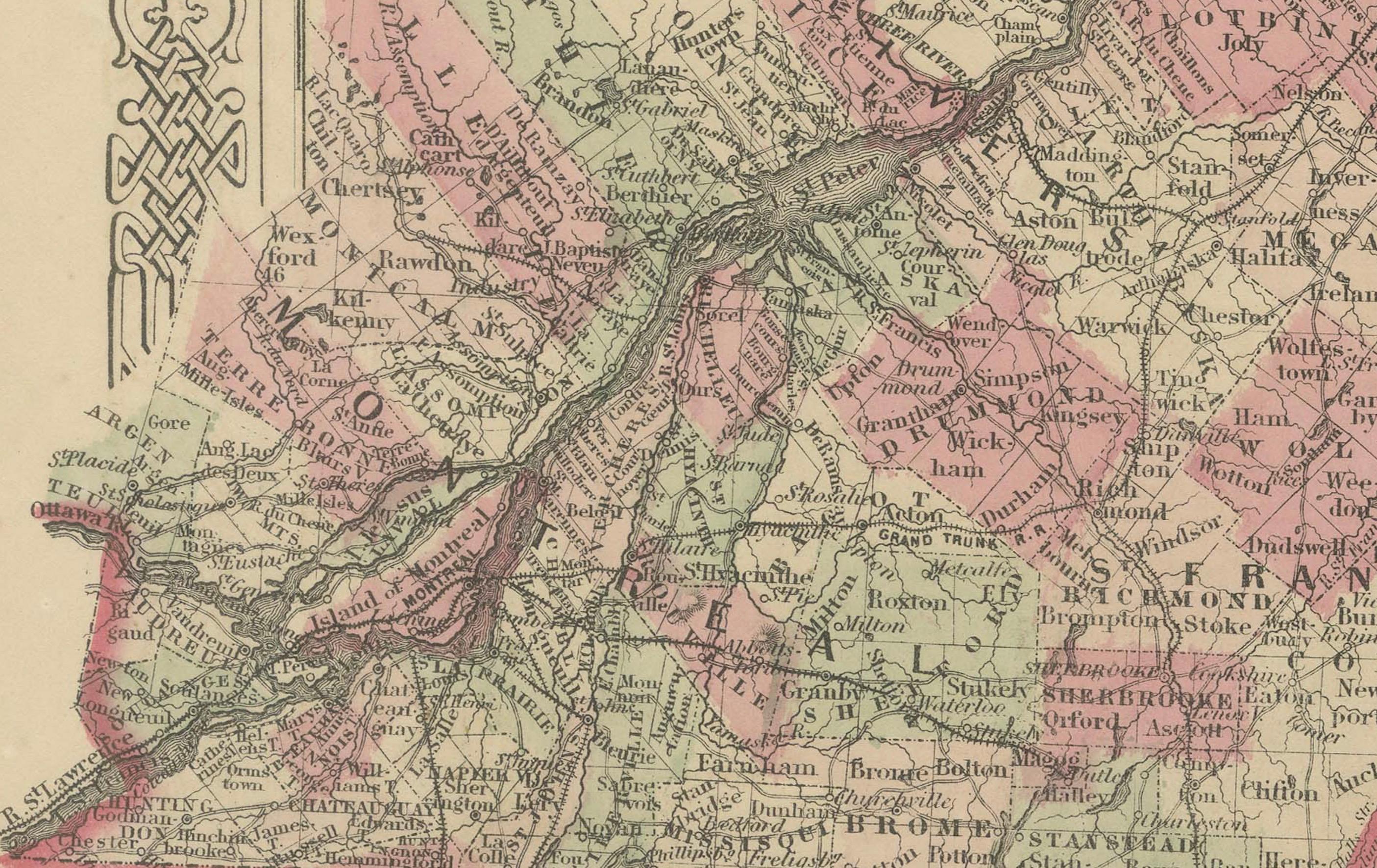 Titre : Carte du Canada de l'époque de la guerre civile de 1864 avec les détails des Grands Lacs

Description : Cette carte ancienne finement détaillée, intitulée 