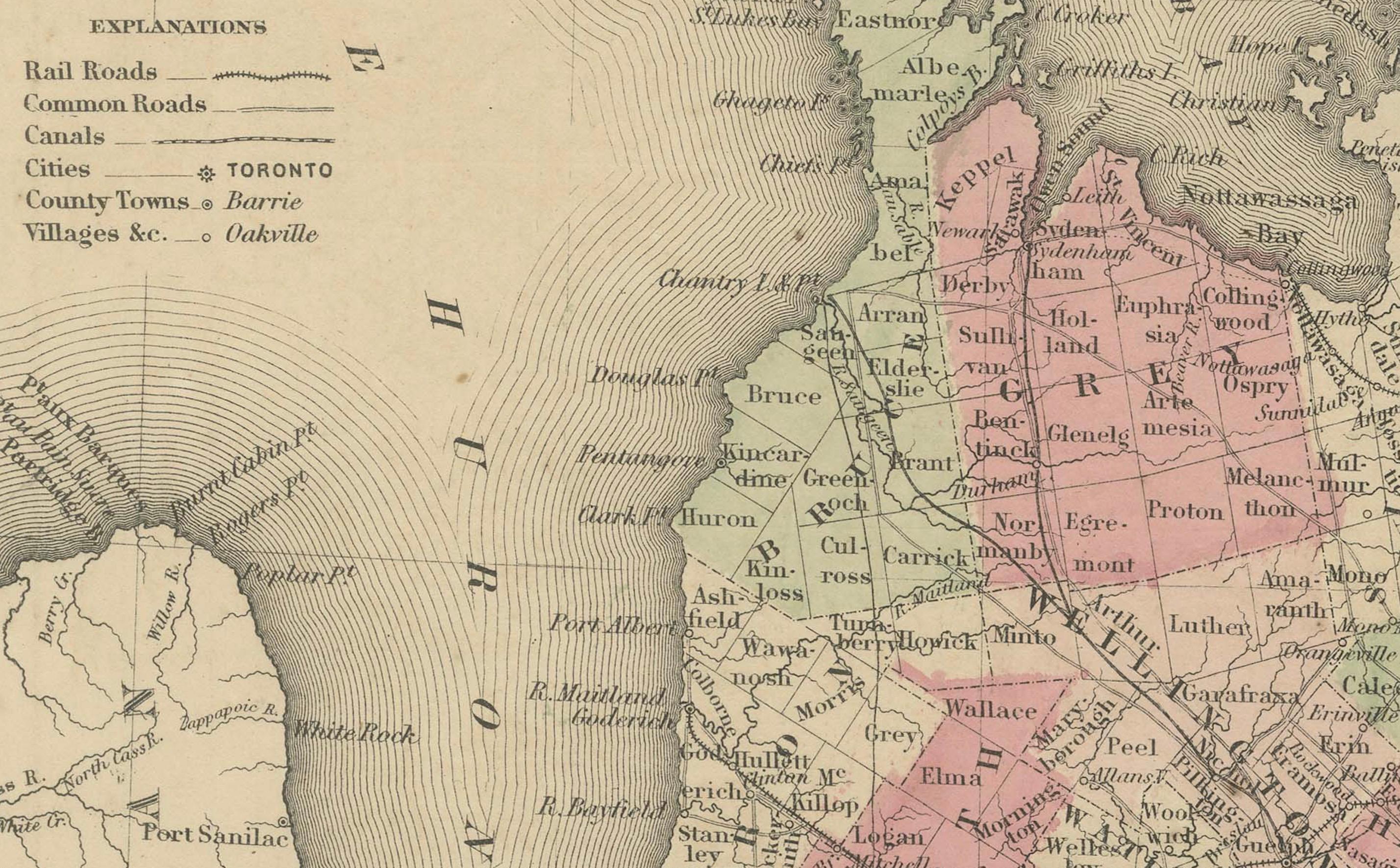Carte historique du Canada de l'époque de la guerre civile de 1864 avec détails des Grands Lacs Bon état - En vente à Langweer, NL