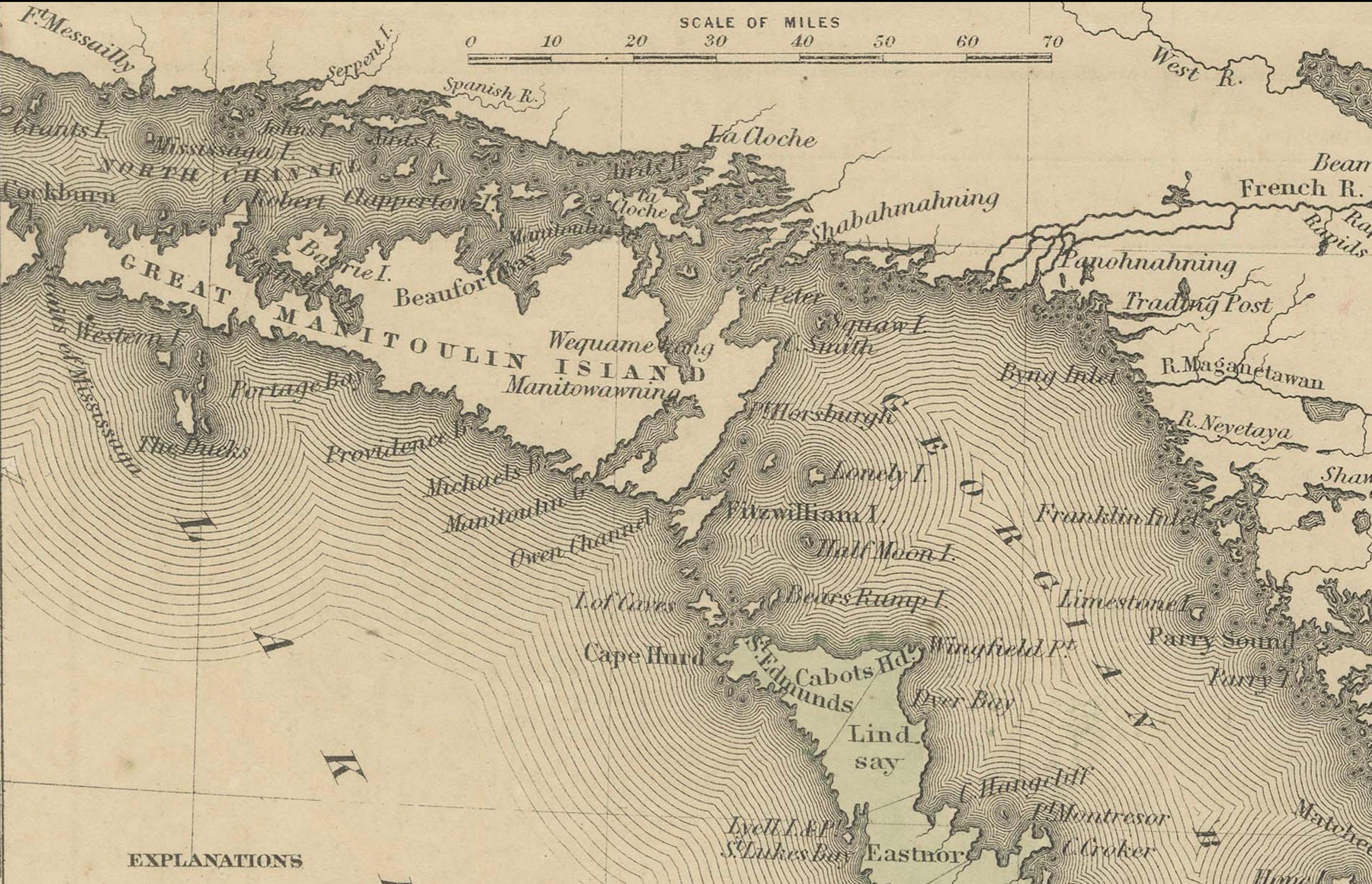 Milieu du XIXe siècle Carte historique du Canada de l'époque de la guerre civile de 1864 avec détails des Grands Lacs en vente
