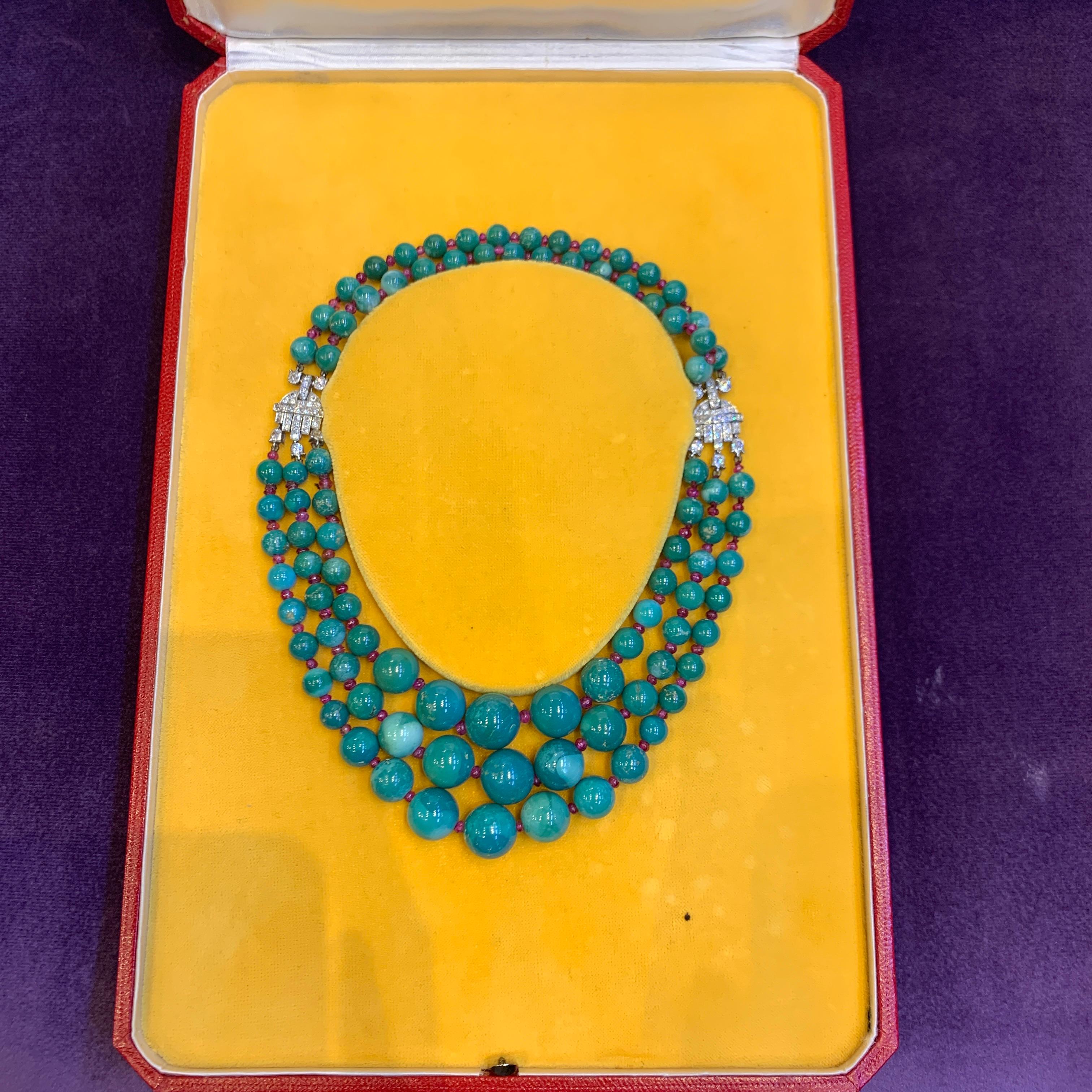 Historic Art Deco Cartier Turquoise and Ruby Bead Necklace 8