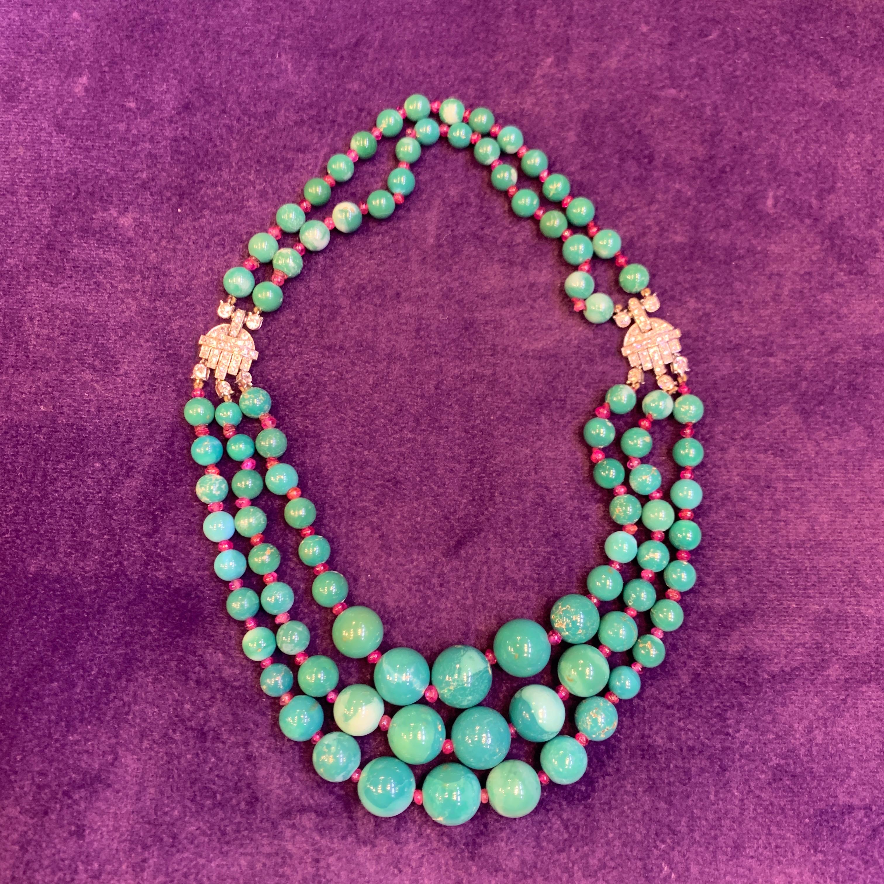 Historic Art Deco Cartier Turquoise and Ruby Bead Necklace 2