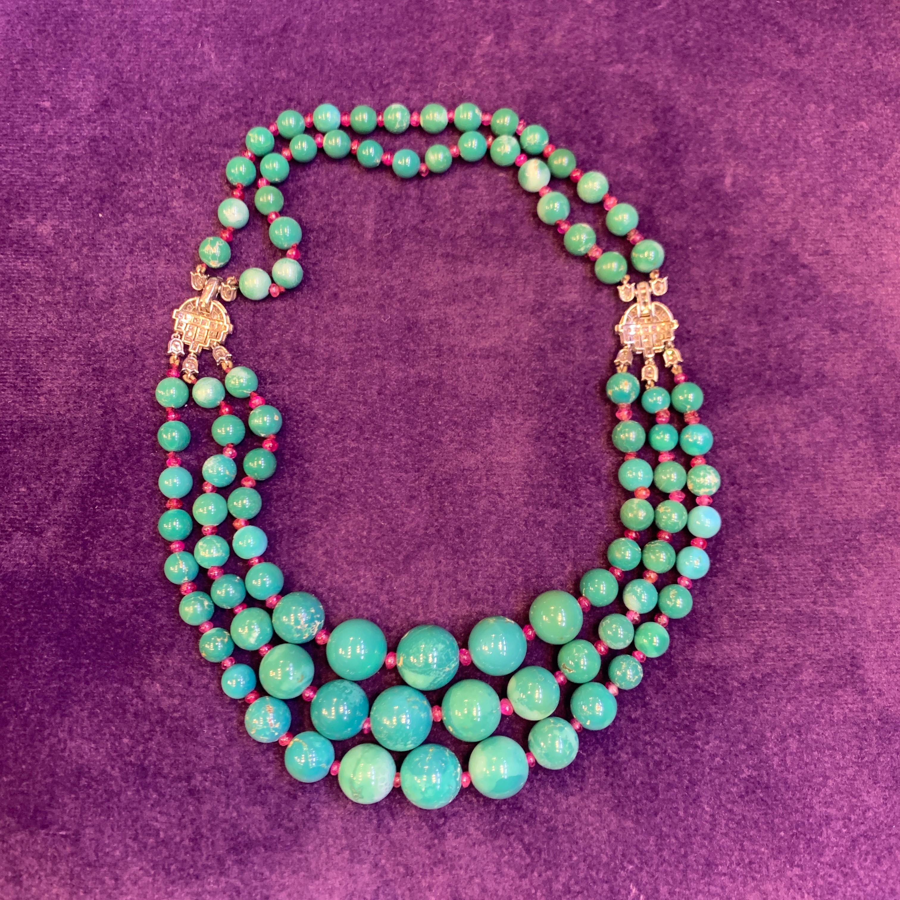 Historic Art Deco Cartier Turquoise and Ruby Bead Necklace 3