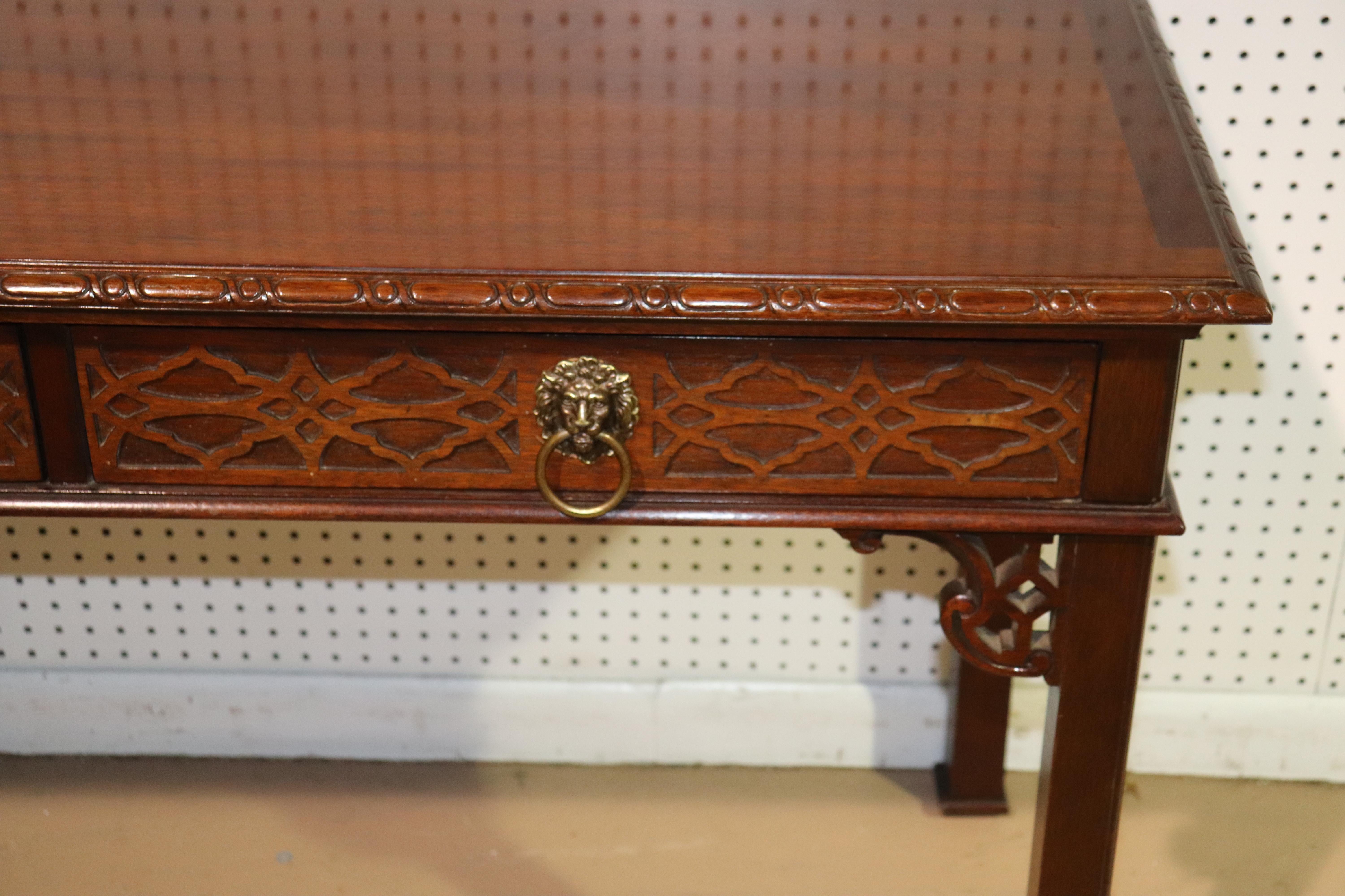 Late 20th Century Historic Charleston Baker Solid Mahogany Chinese Chippendale Writing Desk Table
