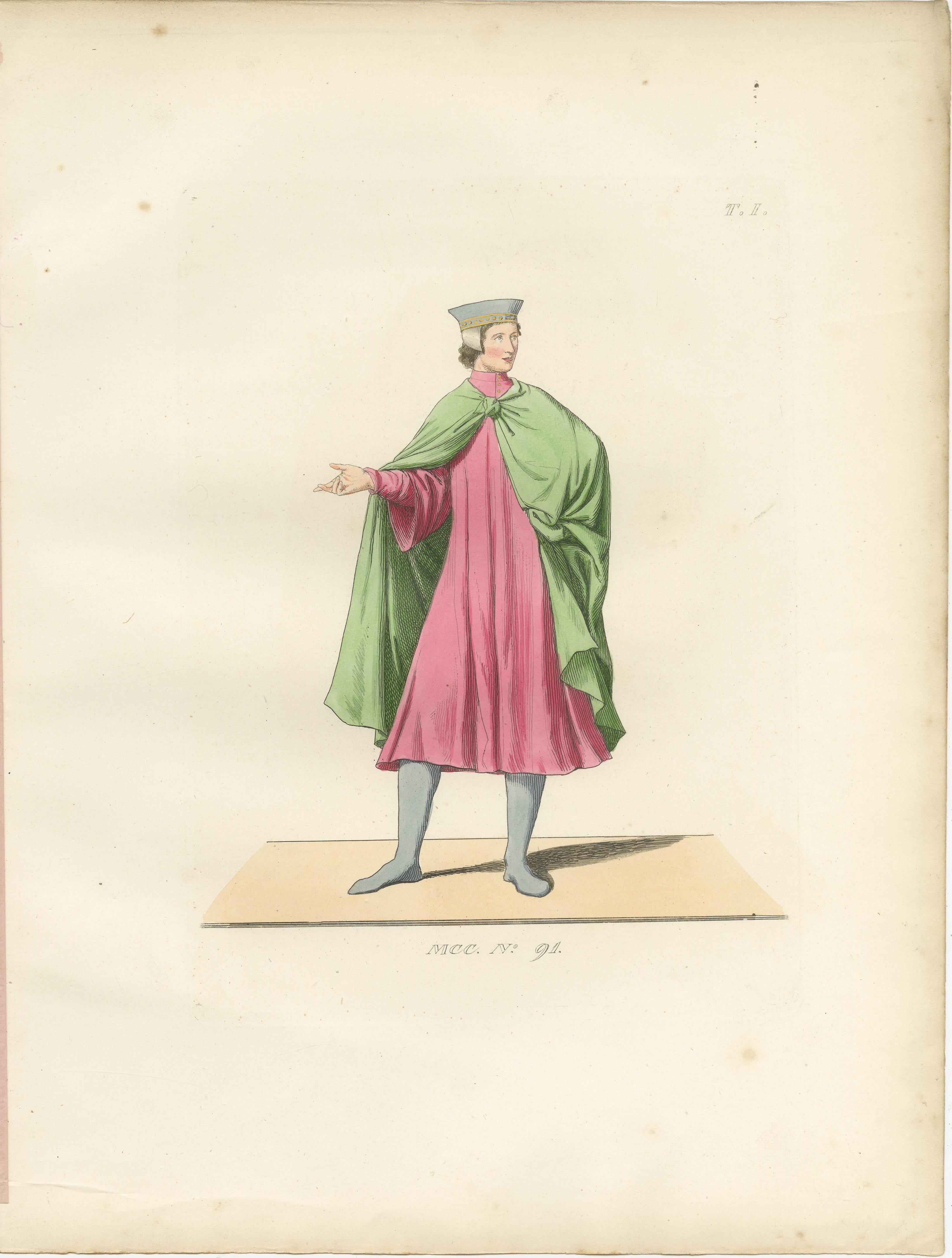 Renaissance-Jugend in grünem Mantel und rosa Tunika, um 15.

Tafel Nr. 91 aus der einflussreichen Publikation Costumes Historiques des XIIIe, XIVe et XVe Siècles von 1845 zeigt eine jugendliche männliche Figur in der raffinierten Zivilkleidung des