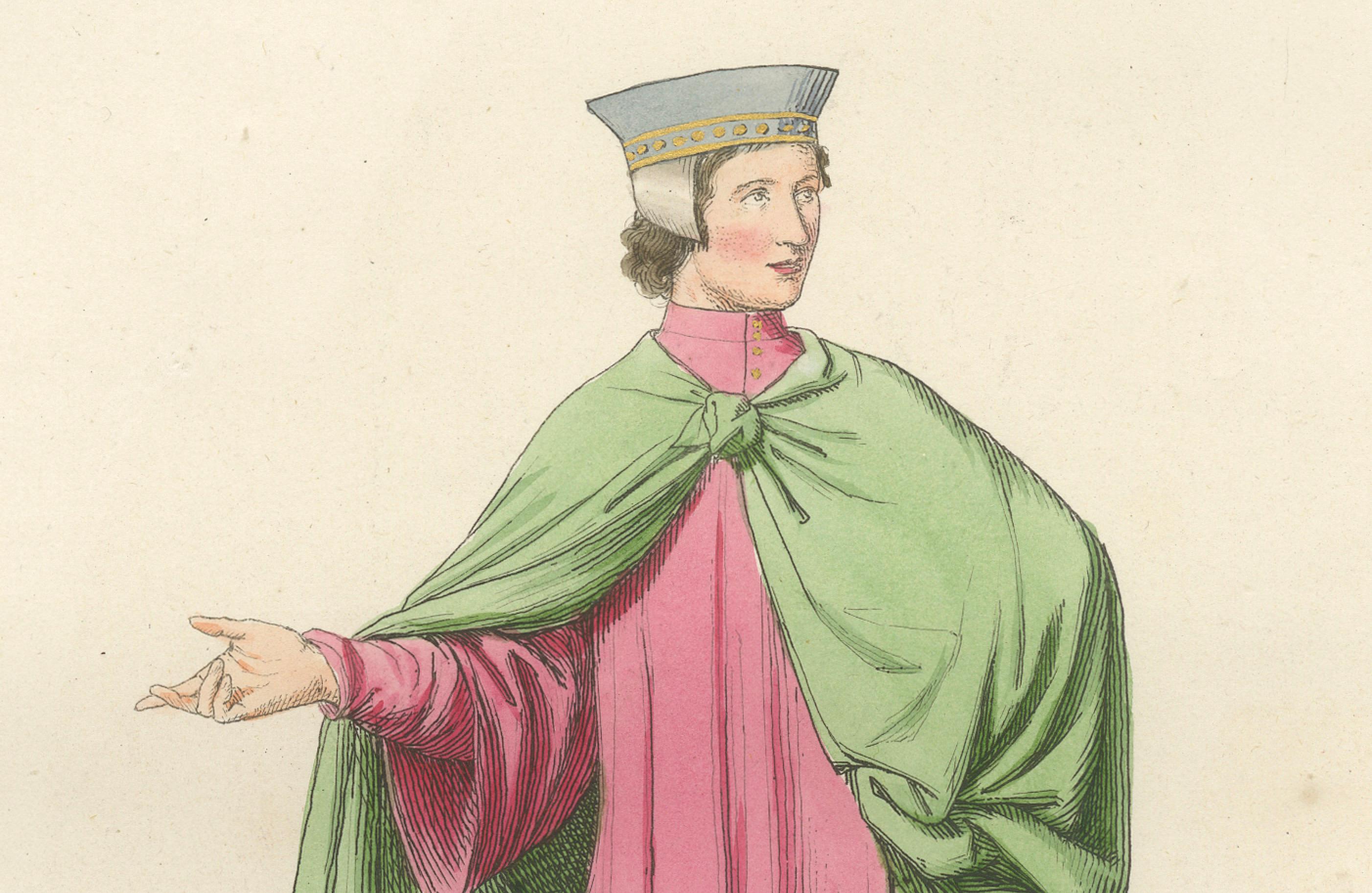 Historischer Kostümdruck 1845 - Renaissance-Jugend in Tunika und Mantel im Angebot 2