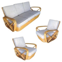 Original Historic Hand Made 4- Strand Square Pretzel Rattan Lounge & Sofa Set