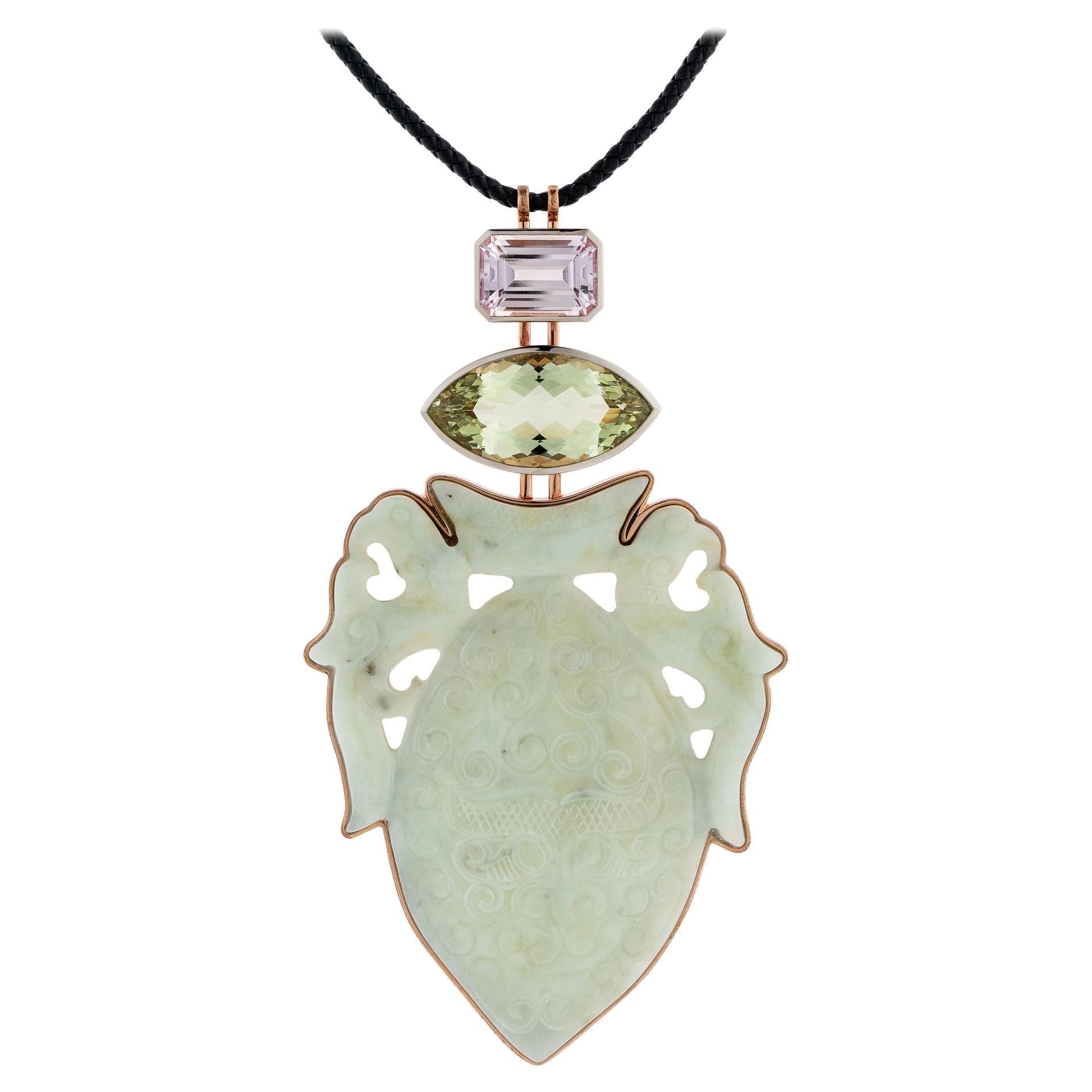 Historic Jade, Beryl '29.87 Carat, ' Kunzite, White Gold Bronze Pendant  Wagner