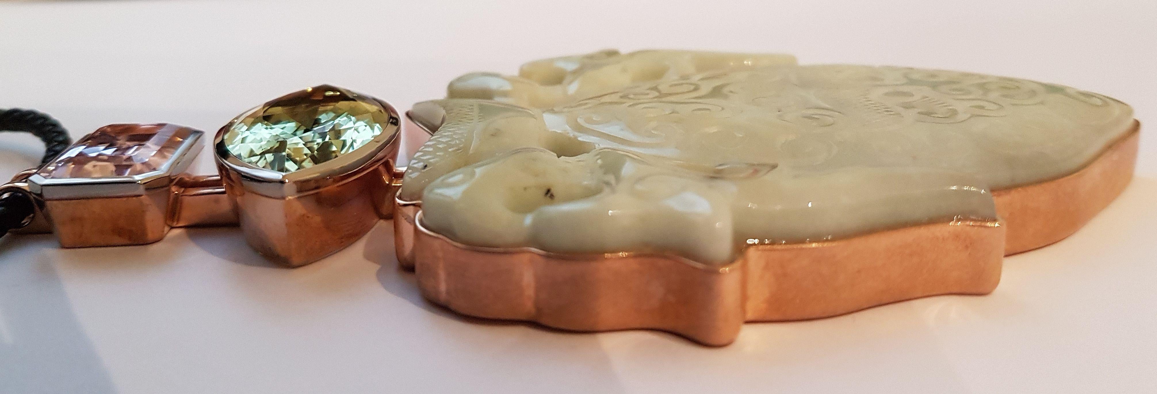 Modern Historic Jade, Beryl '29.87 Carat, ' Kunzite, White Gold Bronze Pendant  Wagner For Sale