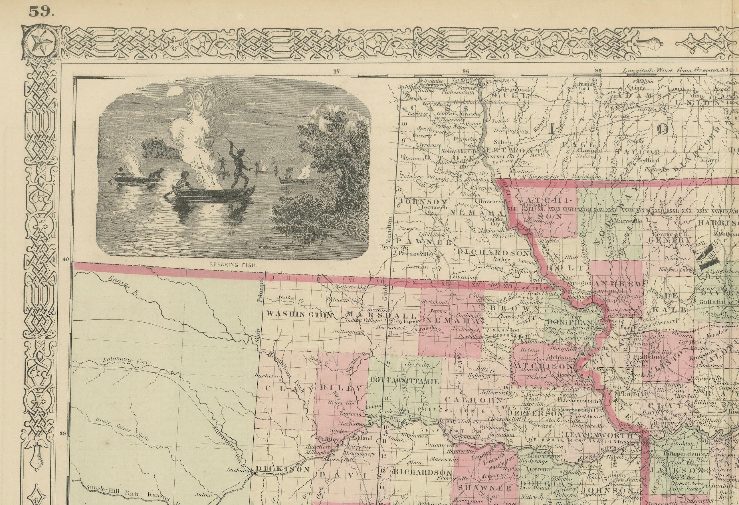 Mapa antiguo de 1864 de Misuri y Kansas por Johnson y Ward

Descripción:
Este mapa de Misuri y Kansas, finamente detallado y vibrantemente coloreado a mano, publicado en 1864 por Johnson y Ward, ofrece una extraordinaria visión del Medio Oeste