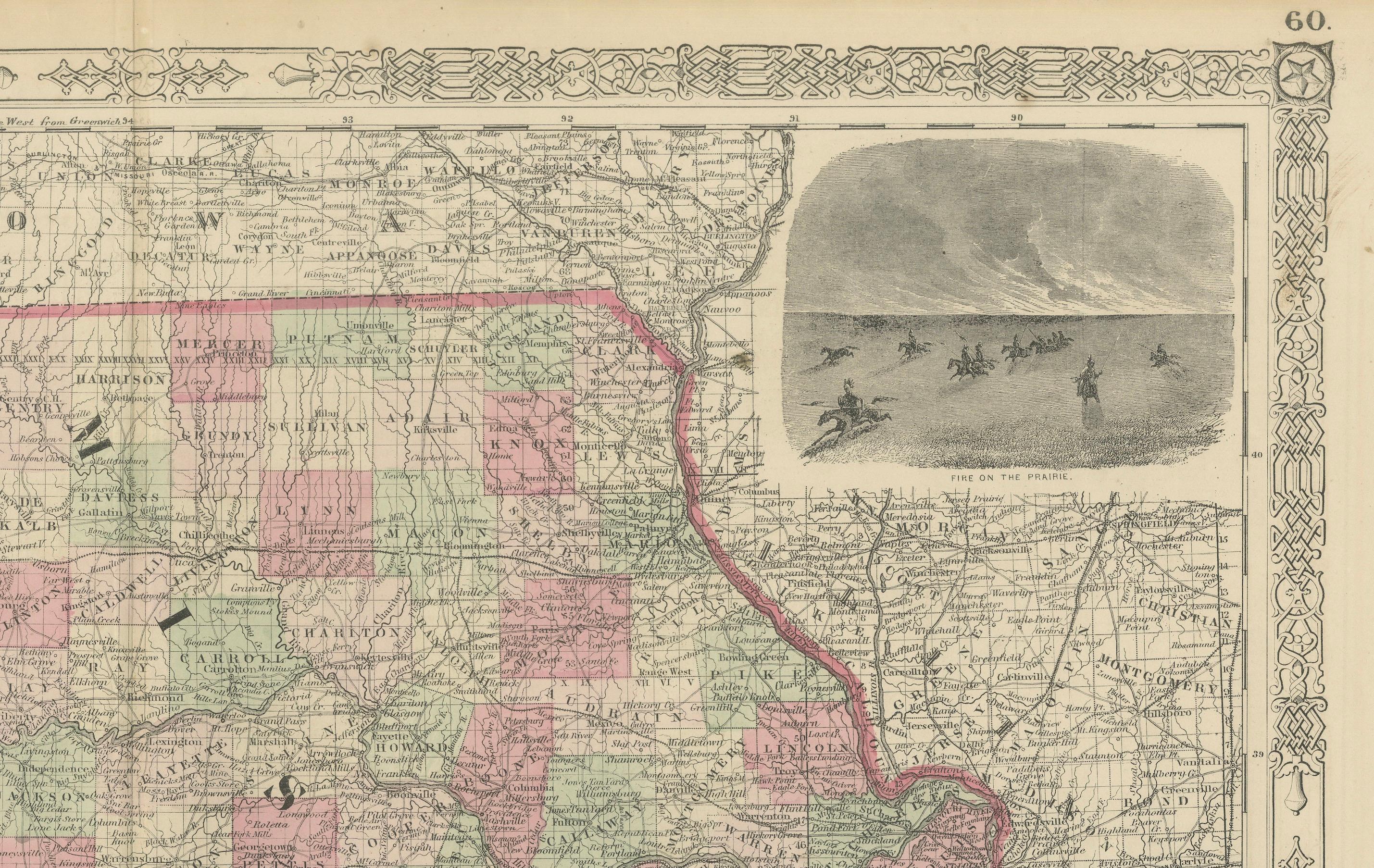 Mapa histórico de Misuri y Kansas que muestra las vías férreas y los caminos fronterizos, 1864 en Bueno estado para la venta en Langweer, NL