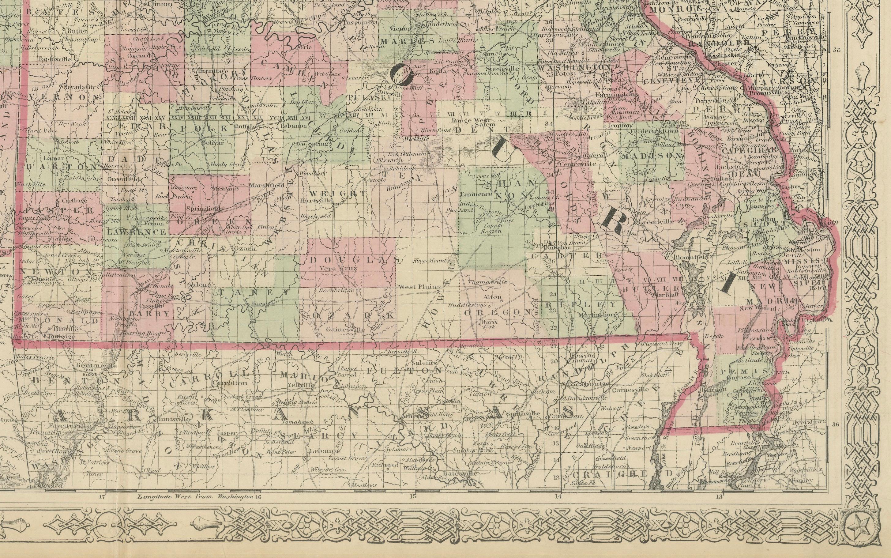 Mapa histórico de Misuri y Kansas que muestra las vías férreas y los caminos fronterizos, 1864 Mediados del siglo XIX en venta