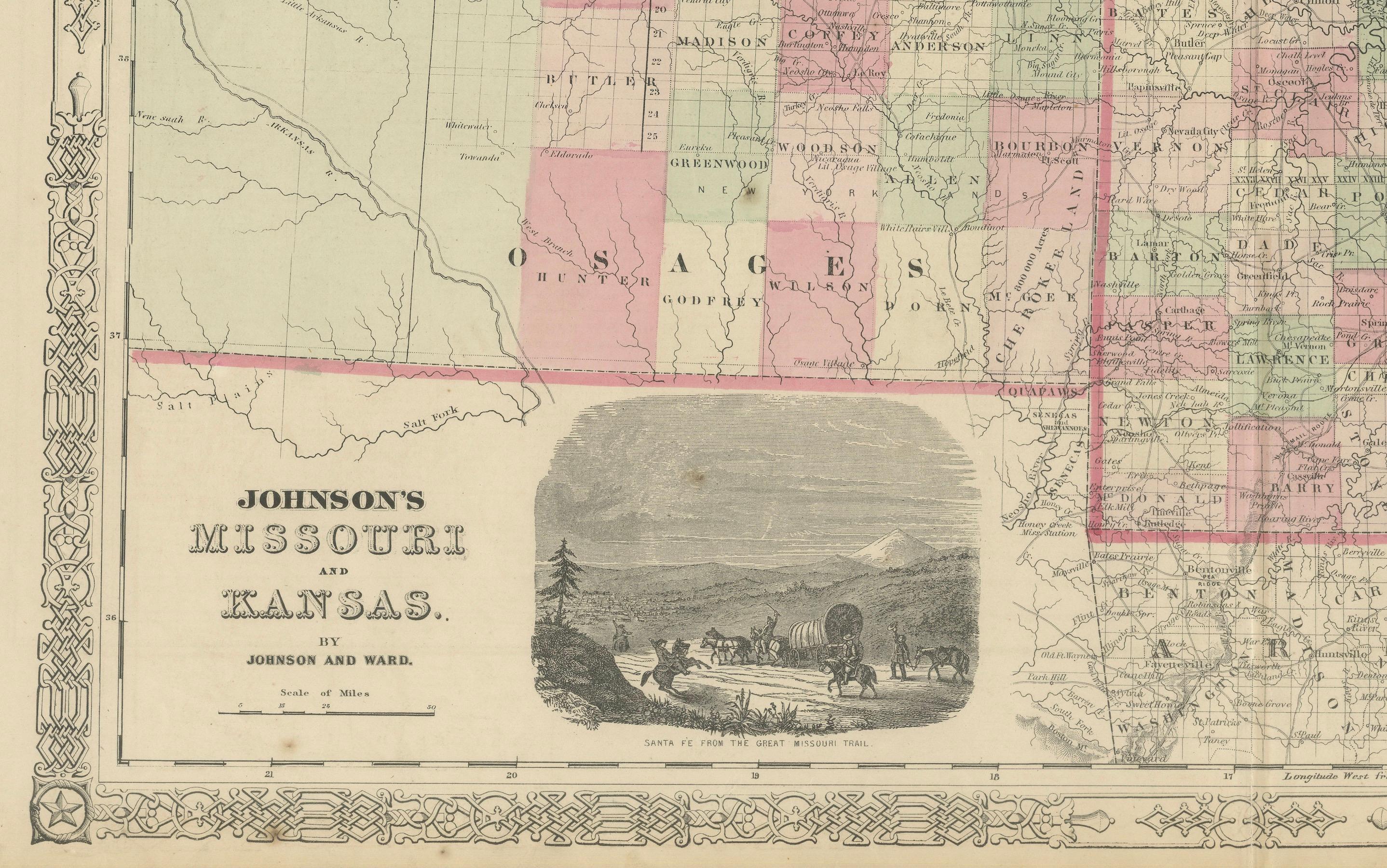 Mapa histórico de Misuri y Kansas que muestra las vías férreas y los caminos fronterizos, 1864 Papel en venta