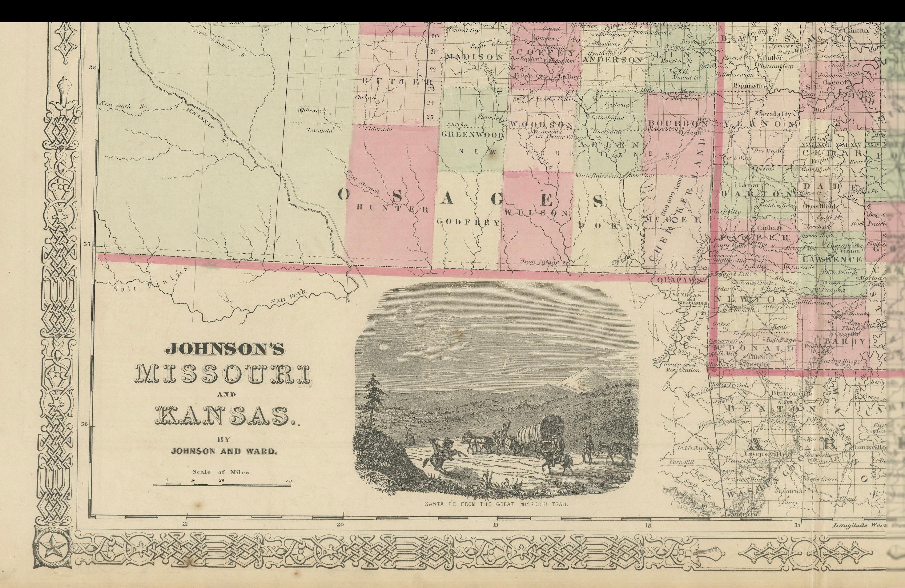 Mapa histórico de Misuri y Kansas que muestra las vías férreas y los caminos fronterizos, 1864 en venta 1