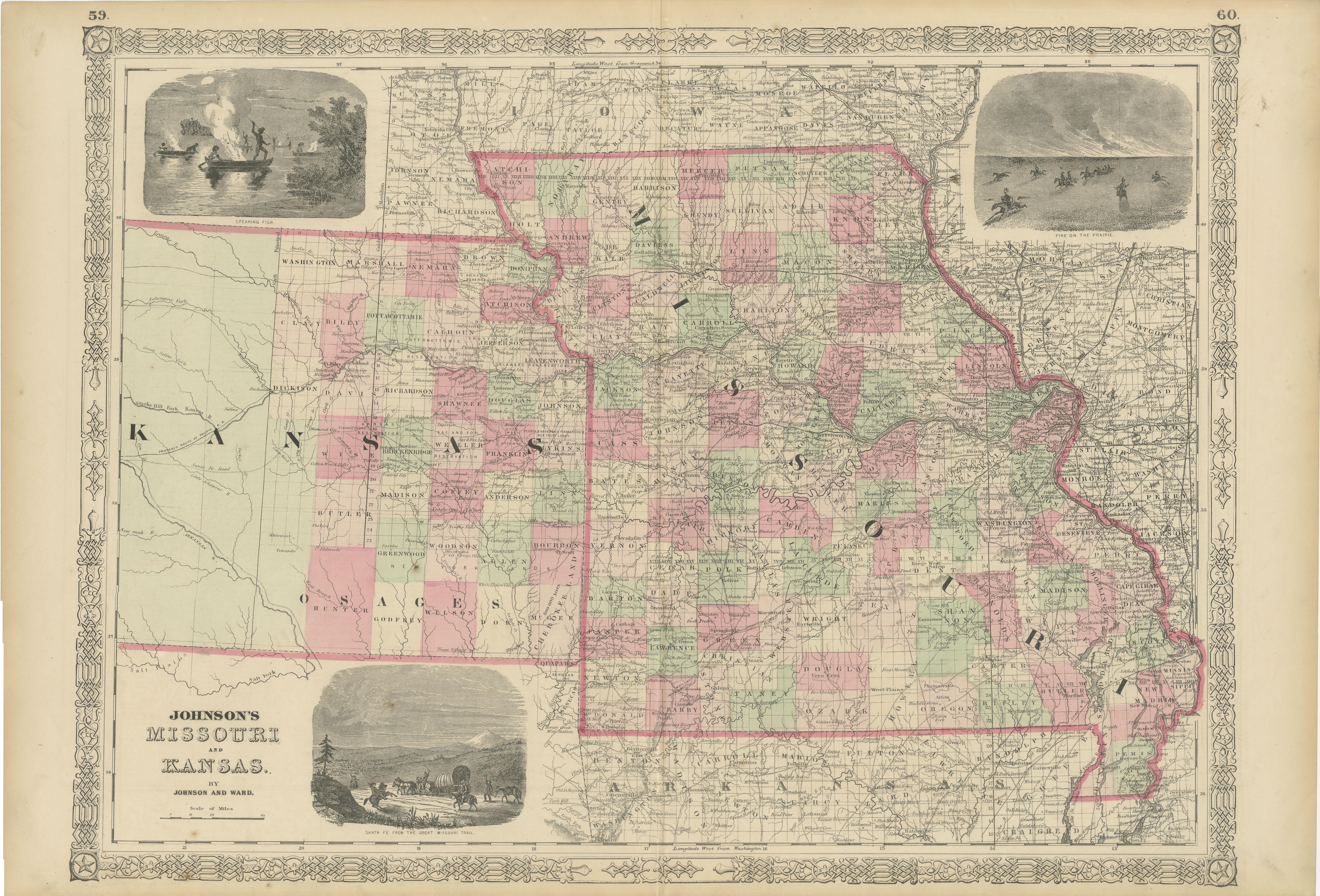 Mapa histórico de Misuri y Kansas que muestra las vías férreas y los caminos fronterizos, 1864 en venta 2
