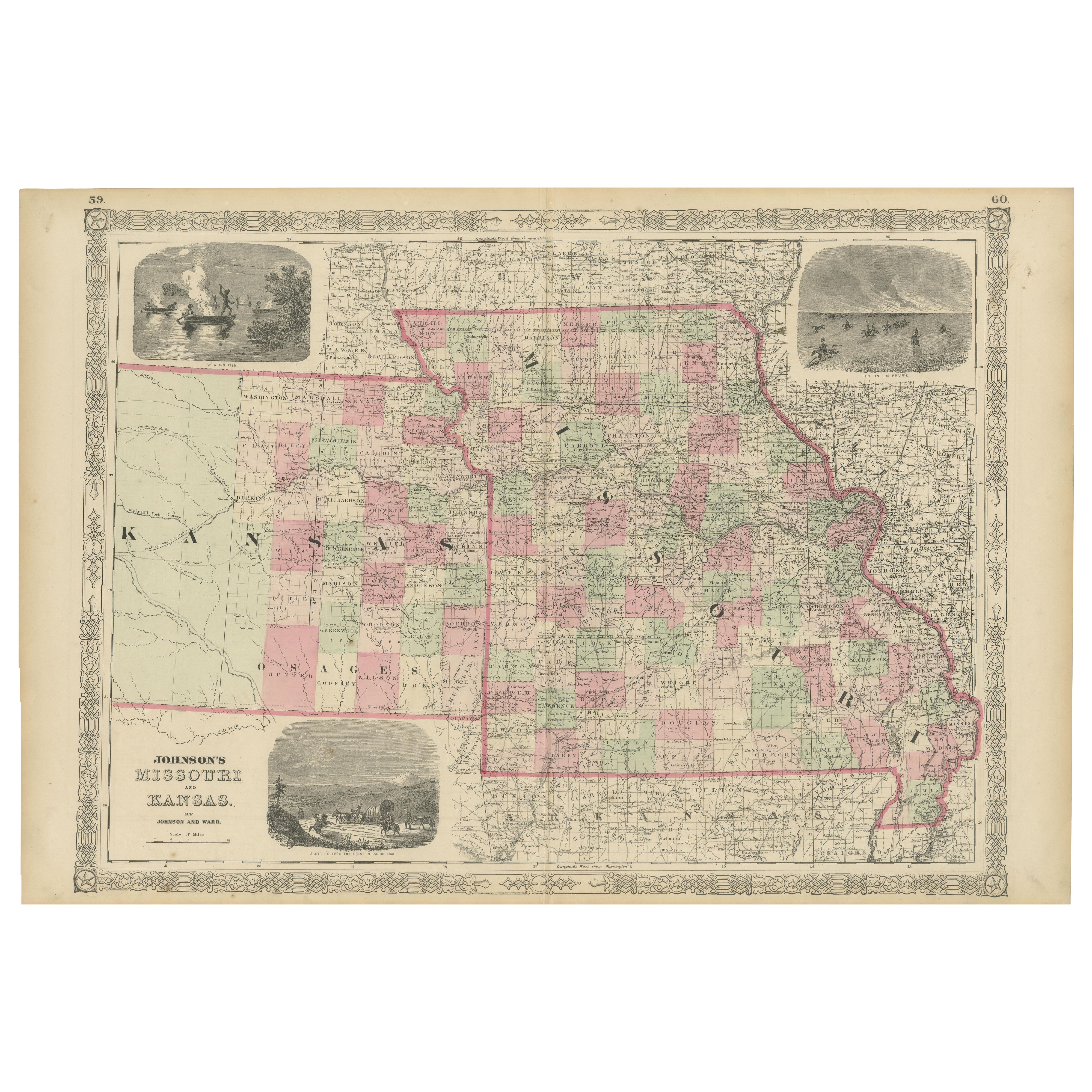 Mapa histórico de Misuri y Kansas que muestra las vías férreas y los caminos fronterizos, 1864 en venta