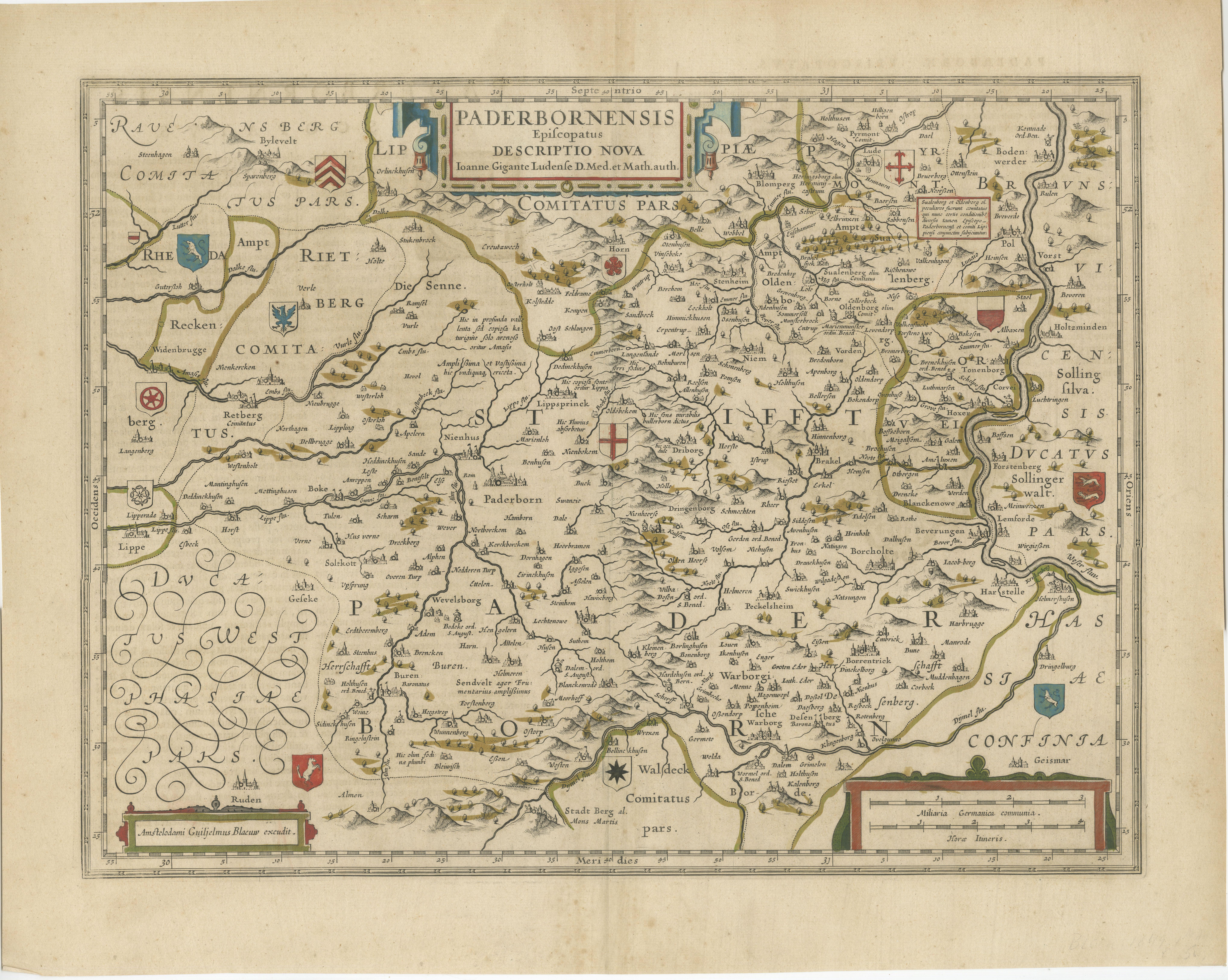 Historische Karte des Bischofs von Paderborn von Blaeu, ein Meisterwerk von 1645 im Angebot