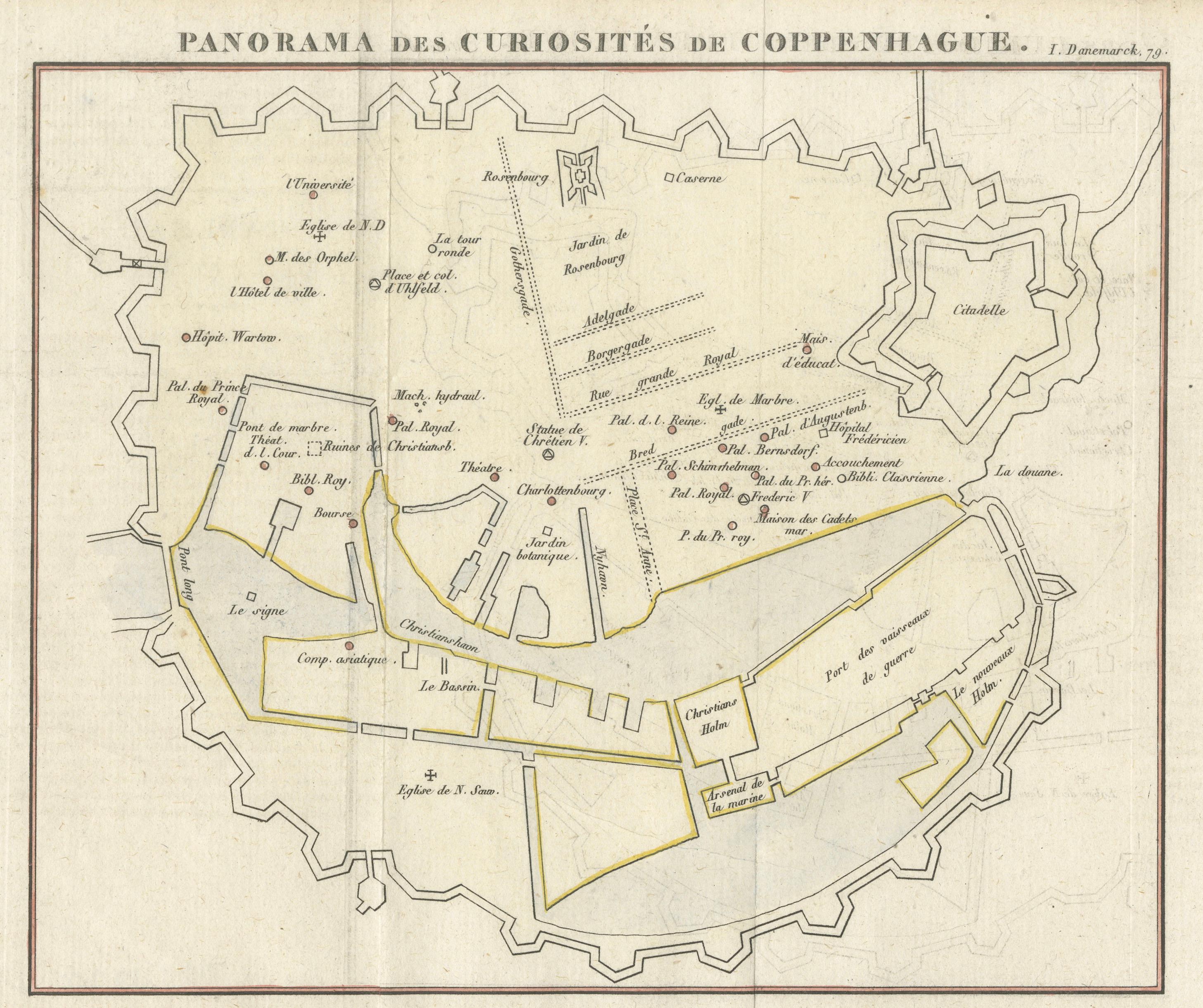 Historic Panorama of Copenhagen City Plan from Early European Travel Guide, 1819