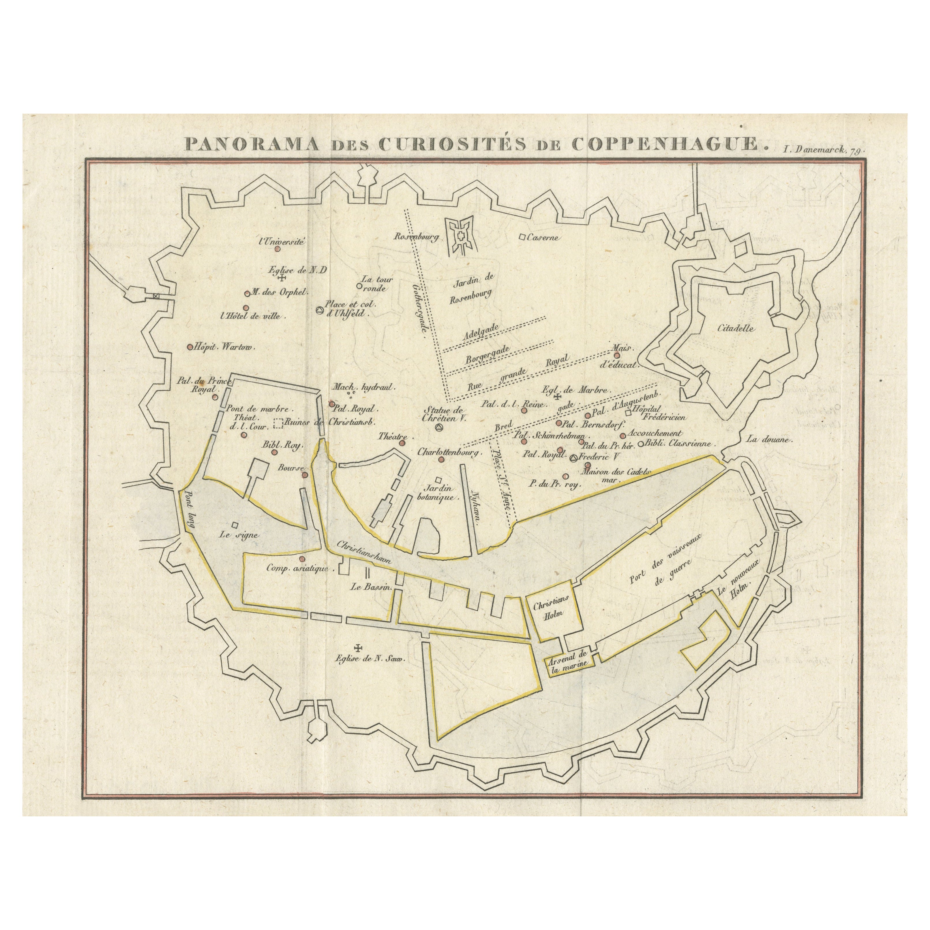 Historic Panorama of Copenhagen City Plan from Early European Travel Guide, 1819