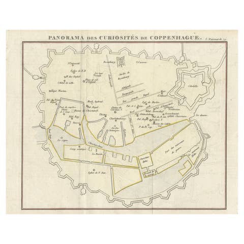 Historic Panorama of Copenhagen City Plan from Early European Travel Guide, 1819