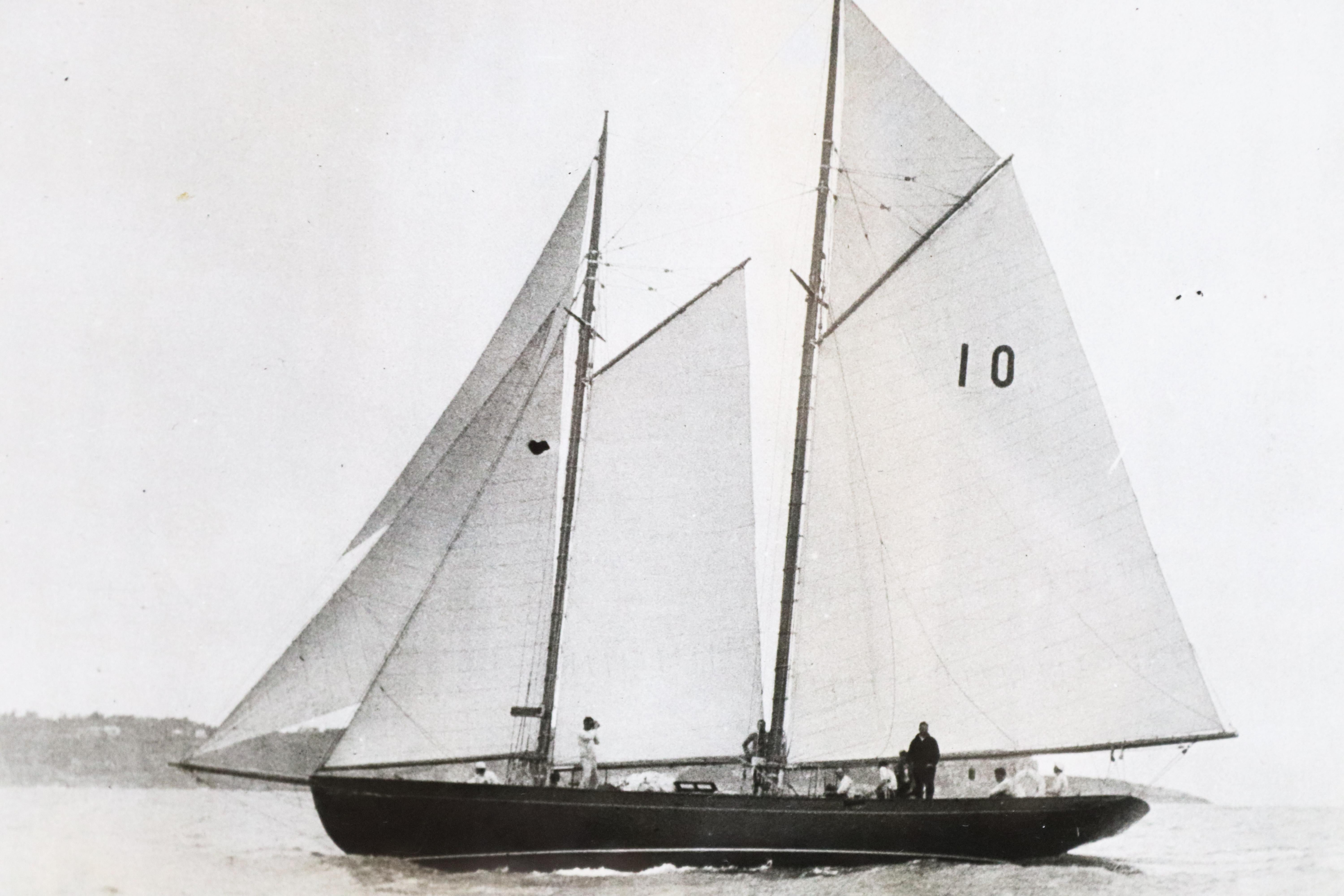 Historic black and white photograph of schooner Malabar X. Matted and framed.

Measures: 13 x 15 1/2.