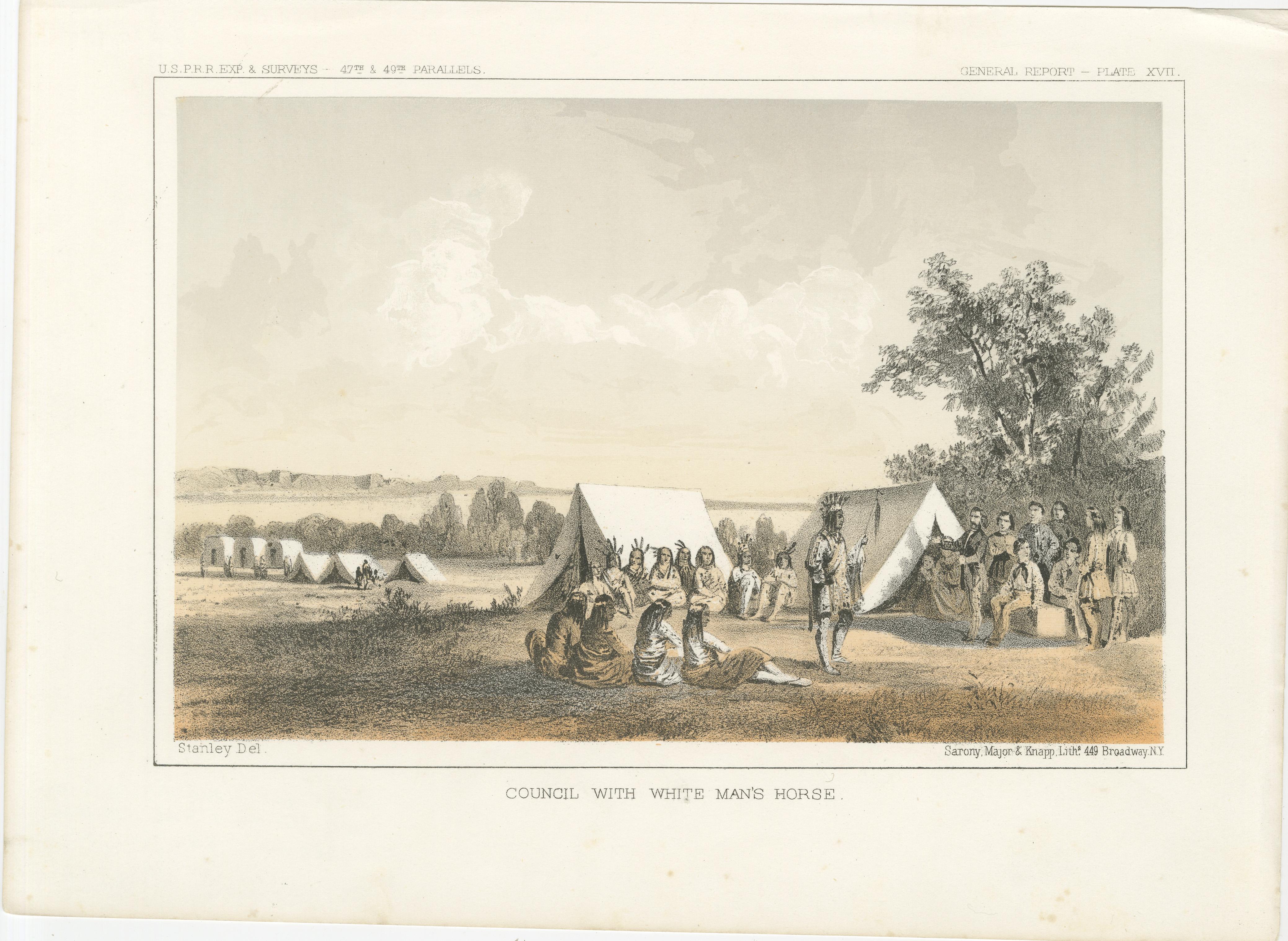Historischer Druck einer Szene des Blackfeet Council in der Nähe des Missouri River Trading Posts**

Beschreibung: Diese fesselnde Lithografie aus dem 19. Jahrhundert mit dem Titel 