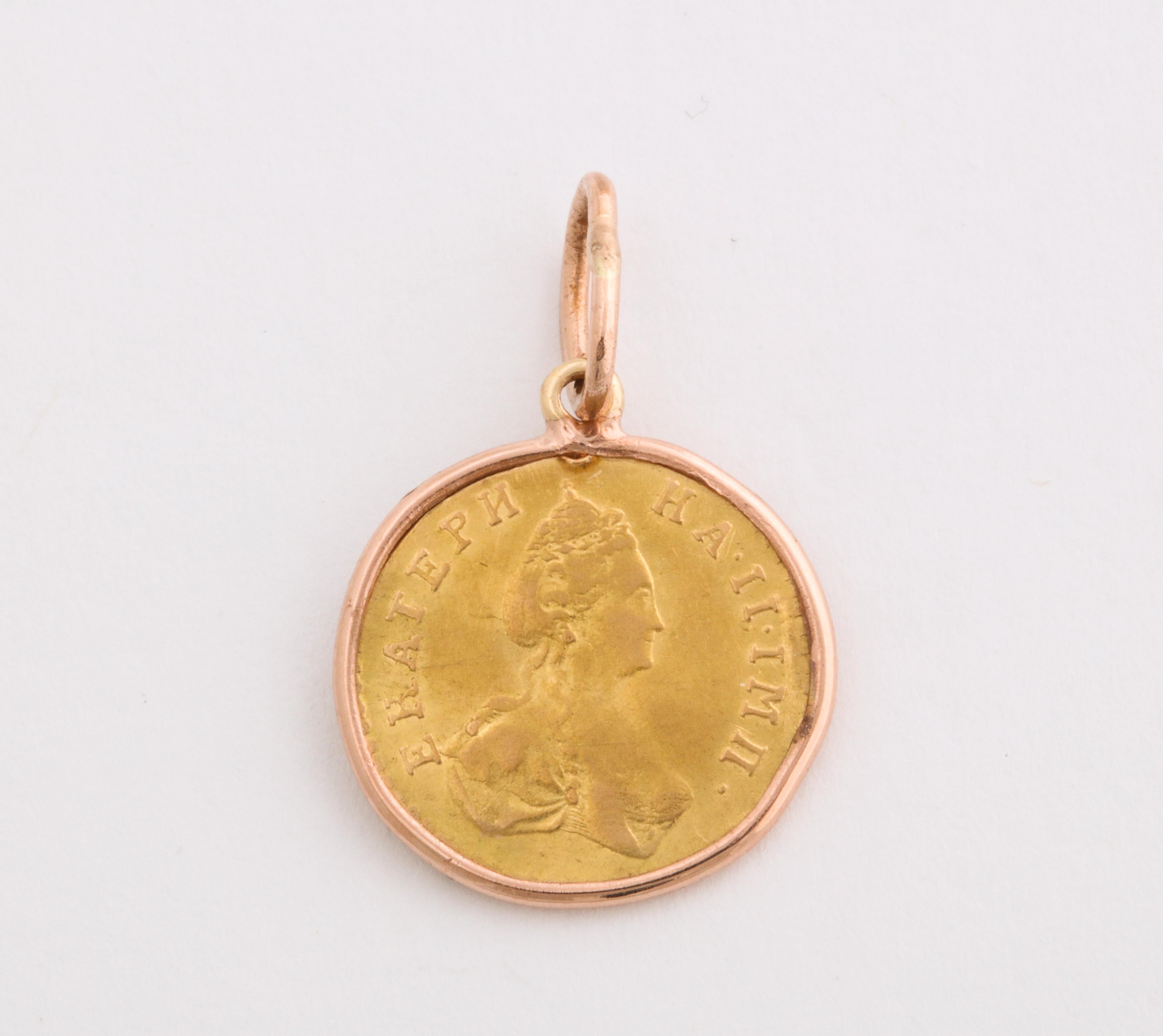 Historic Russian Catherine the Great Gold Coin Pendant, 1777 1