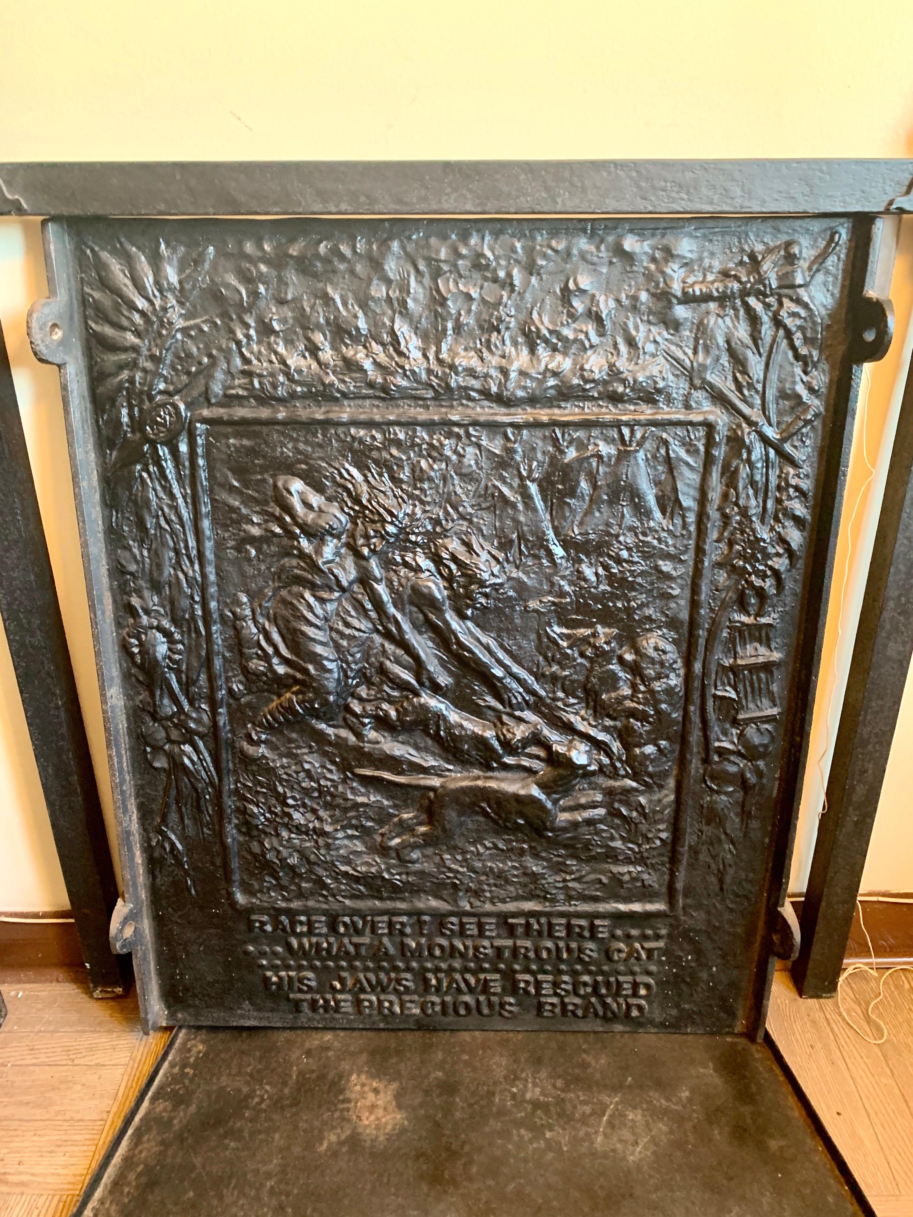 Historic three section cast iron fire back depicting Cahroc Indians of Calif. They are known as Romans of Northern Calif. Fire back has a frame, 3 panels and a front floor panel. Original stove black color.
Below scenes there are descriptions. Can