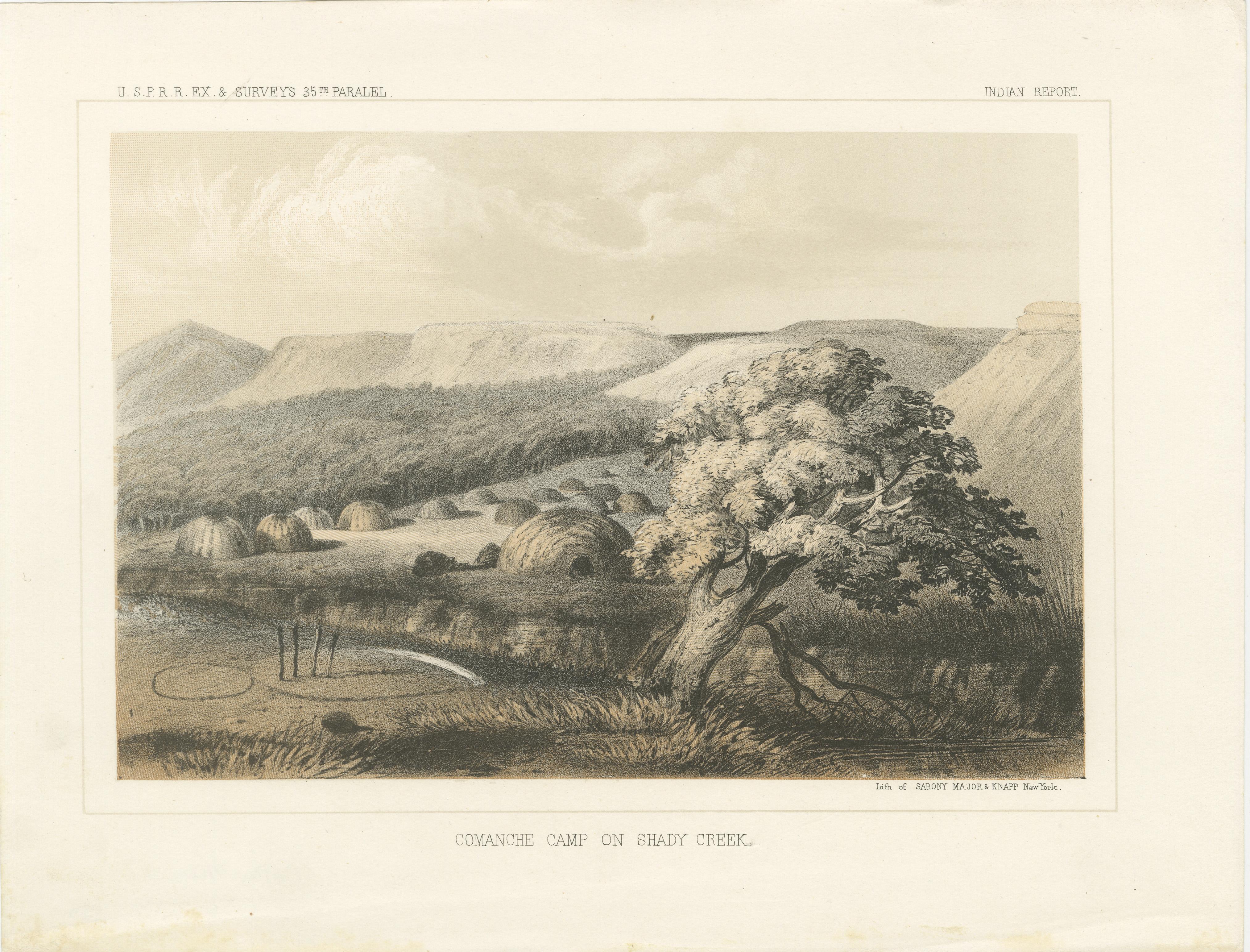 Titolo: Veduta storica di un campo Comanche lungo Shady Creek  , 1856

La scena raffigurata, un accampamento Comanche lungo Shady Creek, è probabilmente situata nell'attuale Oklahoma o Texas, dato che i Comanche abitavano tradizionalmente le zone