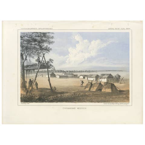 Historic View of Chemakane Mission with Indigenous and Mission Life Scene, 1856