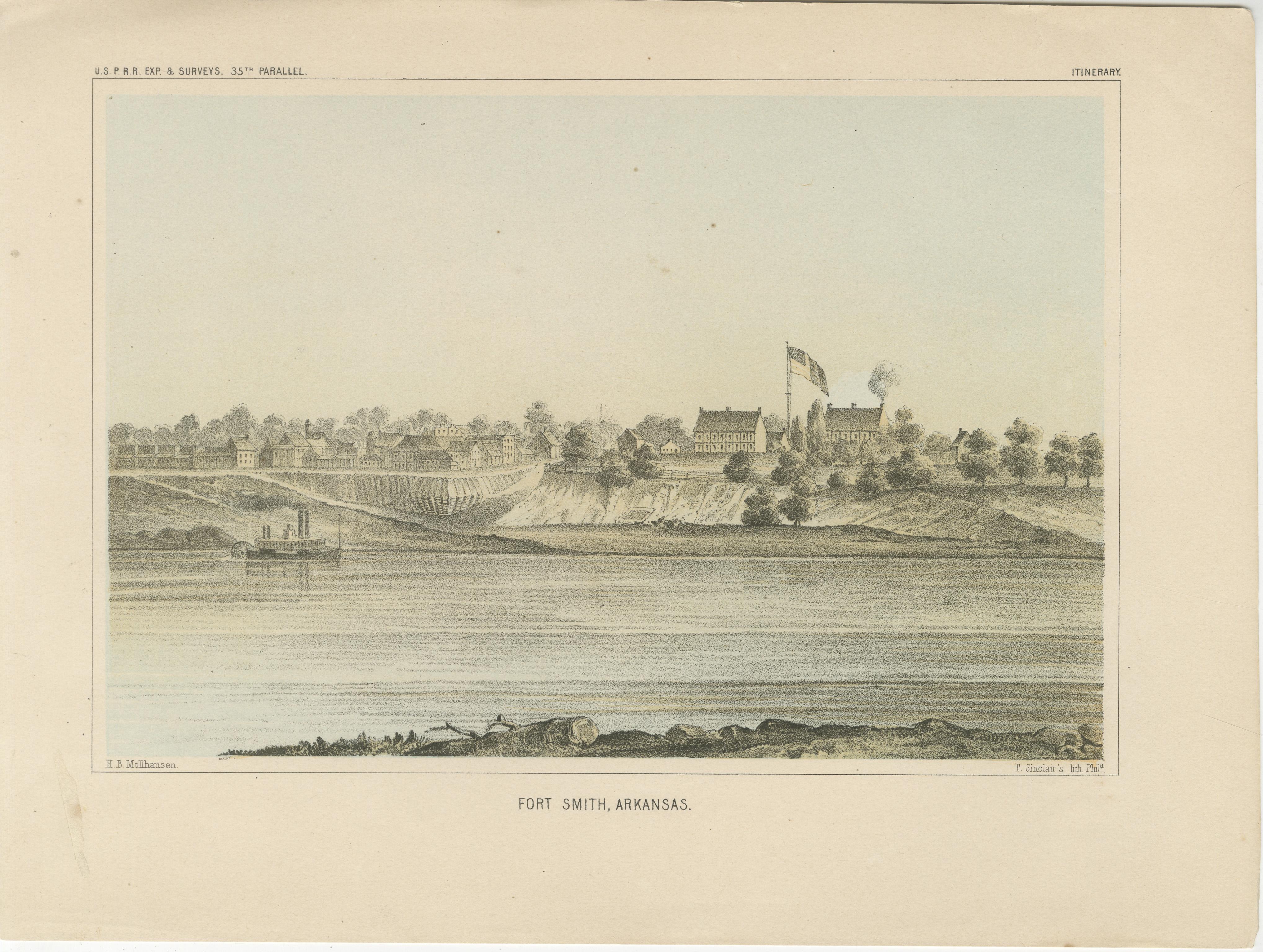 Historic View of Fort Smith, Arkansas, Overlooking the Arkansas River  

This lithograph captures a historically significant view of Fort Smith, Arkansas, along the banks of the Arkansas River. The scene showcases the fort's prominent buildings,