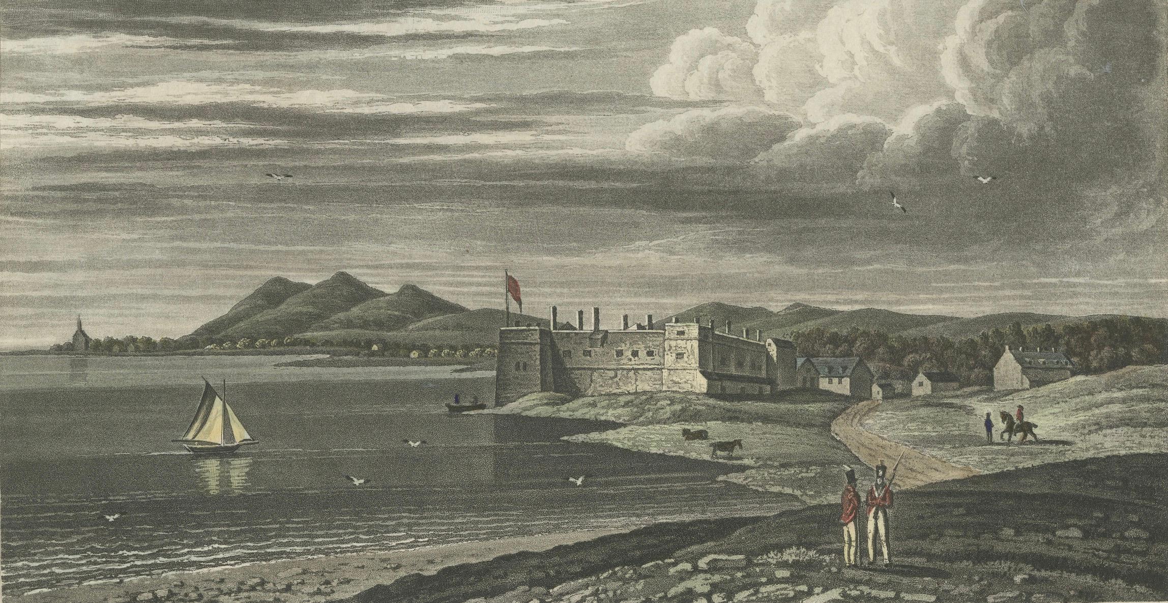 This antique print depicts Fort Chambly, a historical military fortification located in the province of Quebec, Canada. Situated along the Richelieu River, the fort was strategically built as a defensive structure and has served various roles