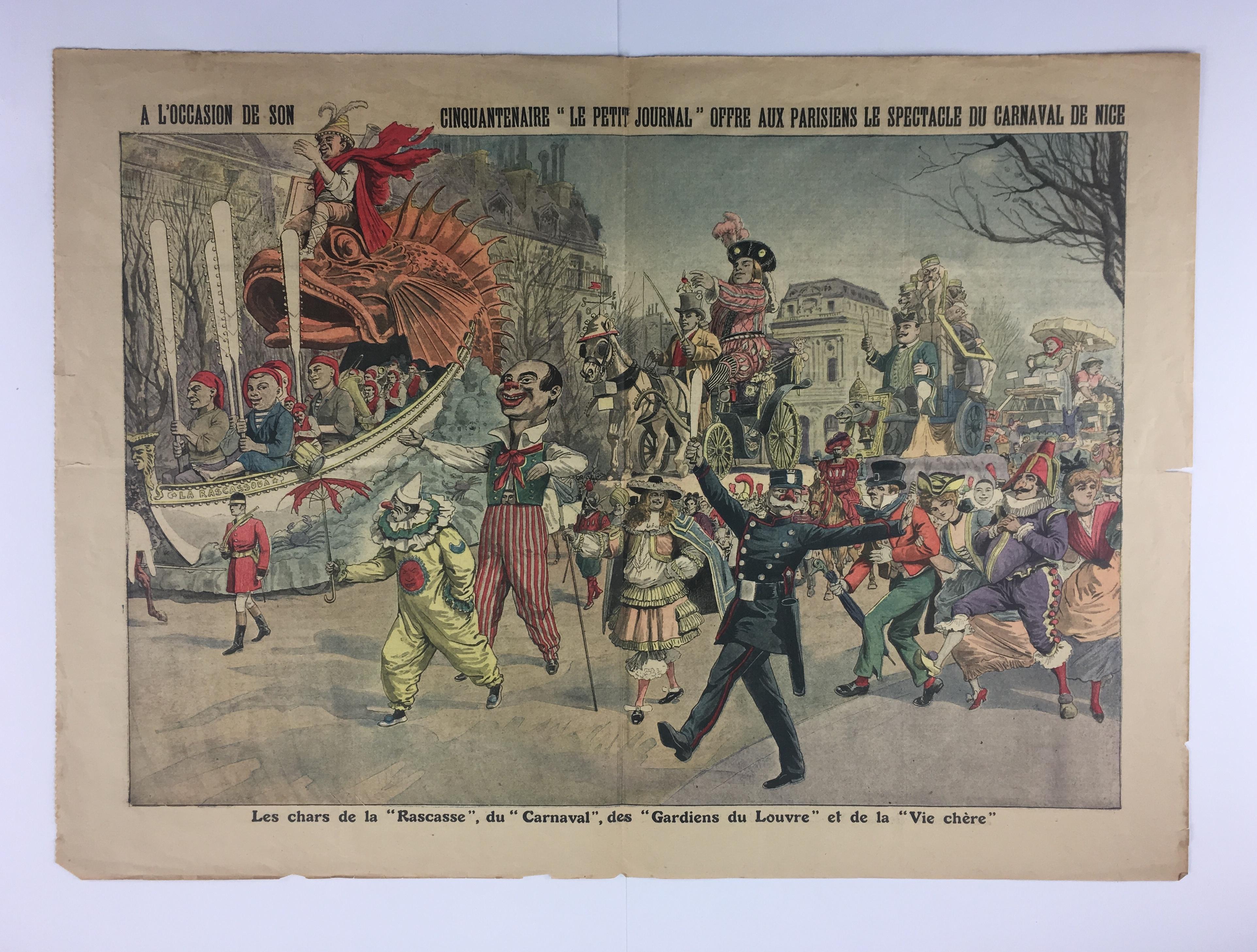 A historical piece of nostalgic journal art dated 1912, Carnival or Carnaval de Nice, France from Le Petit Journal. Two years prior to the First World War this remarkable journal was printed.  
 
The colorful Carnival de Nice historical memorabilia
