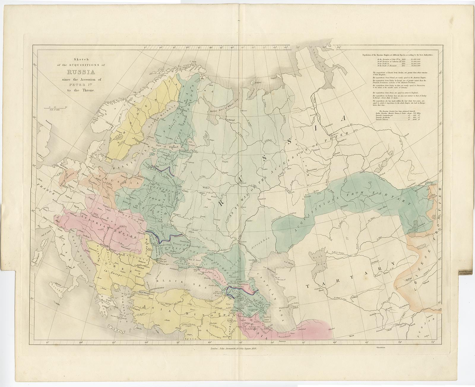 Antique map titled 'Sketch of the acquisitions of Russia since the Accession of Peter 1st to the Throne'. 

Historical map of Russia, examining the history of Russia from the Reign of Peter the Great in 1689 to the Death of Alexander in 1825.