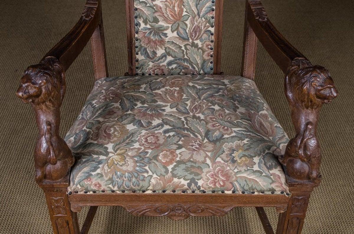 Historischer antiker Neorenaissance-Sessel mit Löwenarmlehnen aus Eiche, ca. 1850er-1870er Jahre im Angebot 4