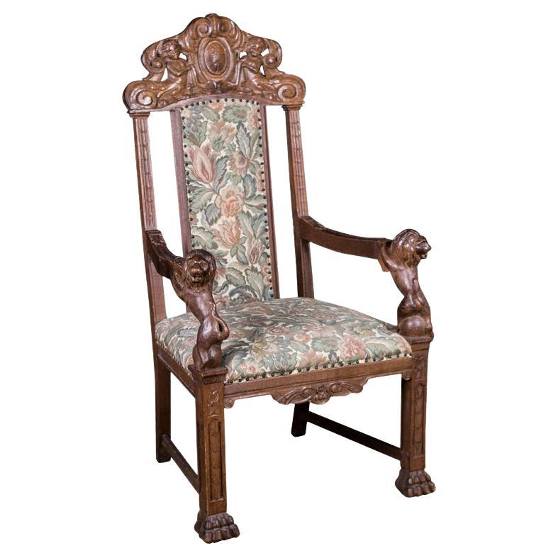 Historischer antiker Neorenaissance-Sessel mit Löwenarmlehnen aus Eiche, ca. 1850er-1870er Jahre im Angebot