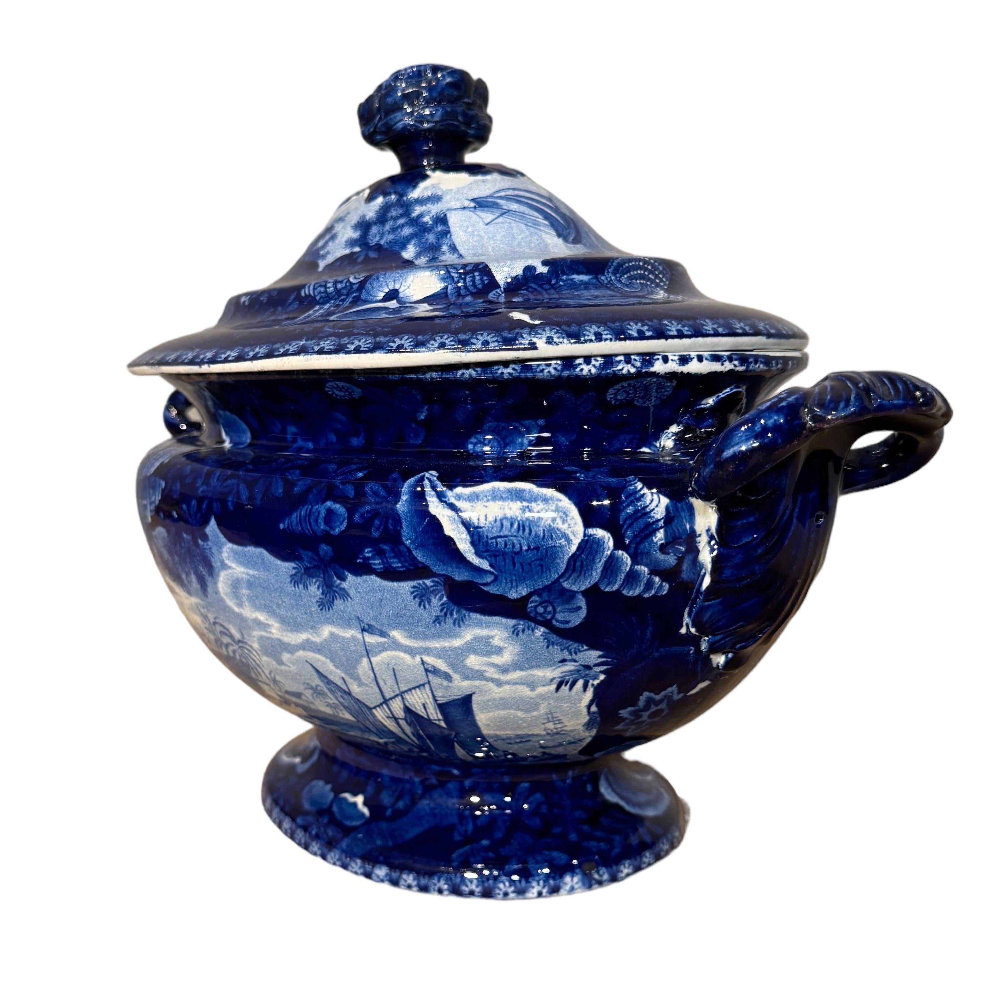 English Historical Blue & White Staffordshire Soup Tureen/ Dix Cove 19th Century