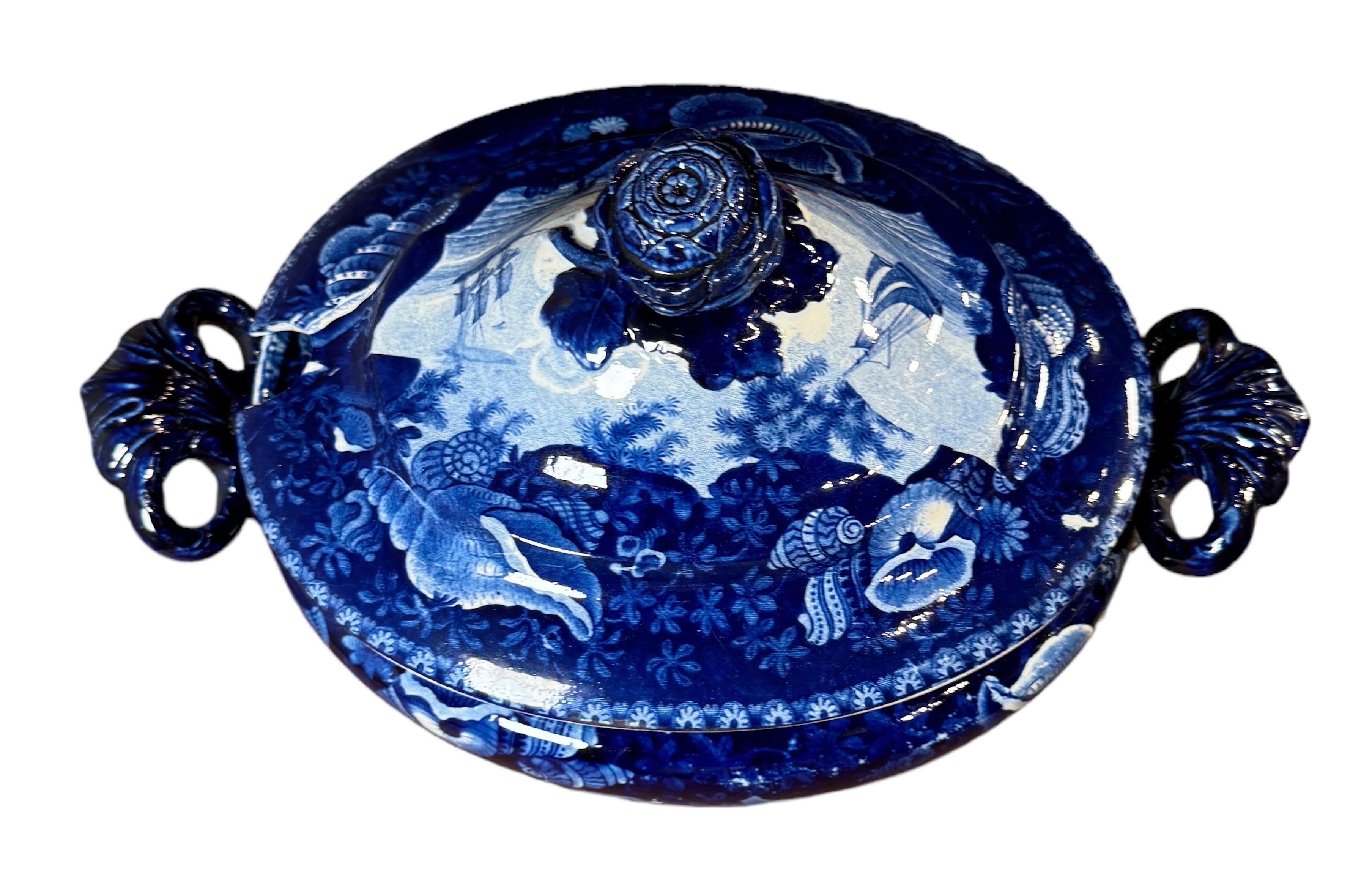Ceramic Historical Blue & White Staffordshire Soup Tureen/ Dix Cove 19th Century