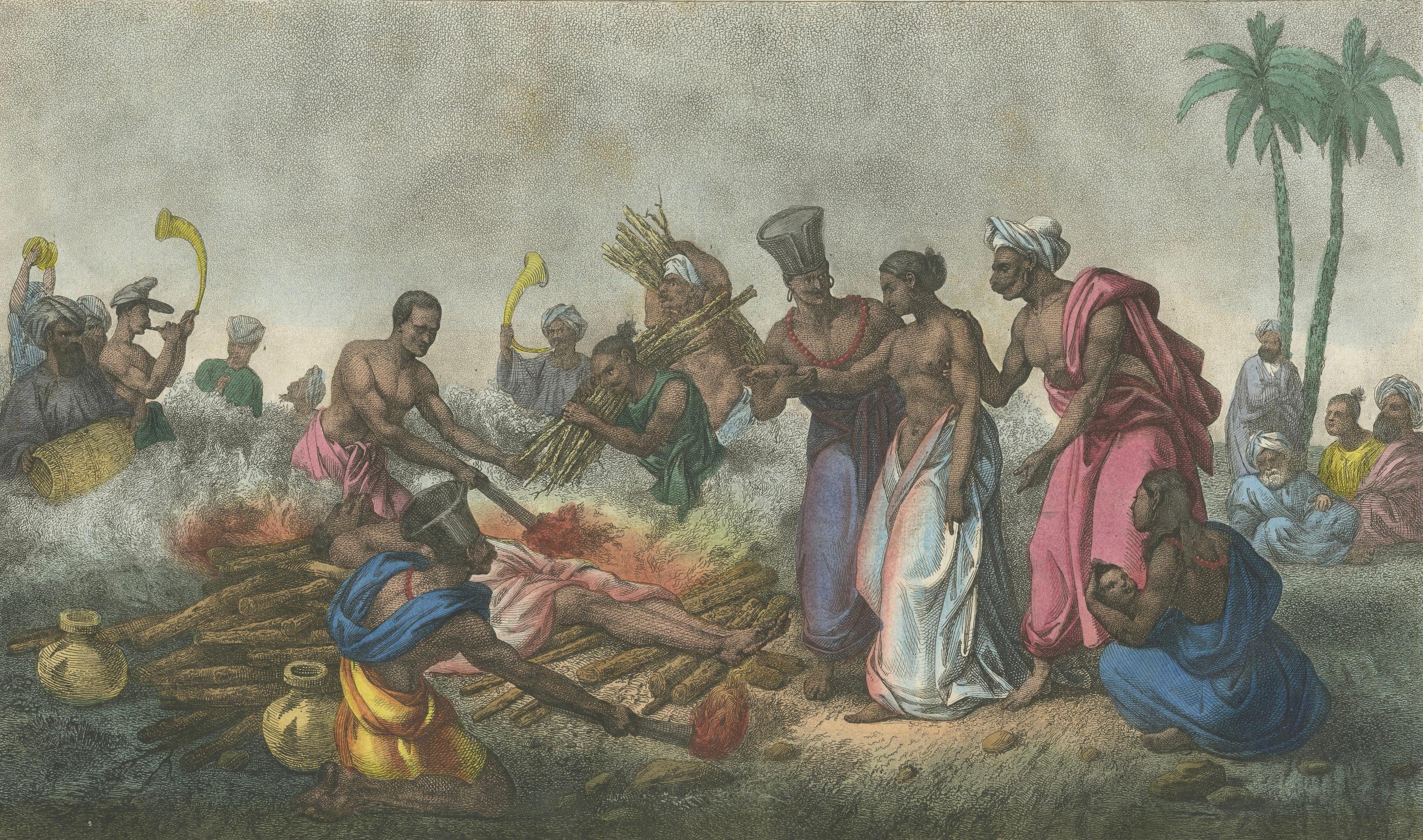 Gravé Représentation historique d'un sacrée d'une veuve sur un feu funéraire en Inde, 1827 en vente