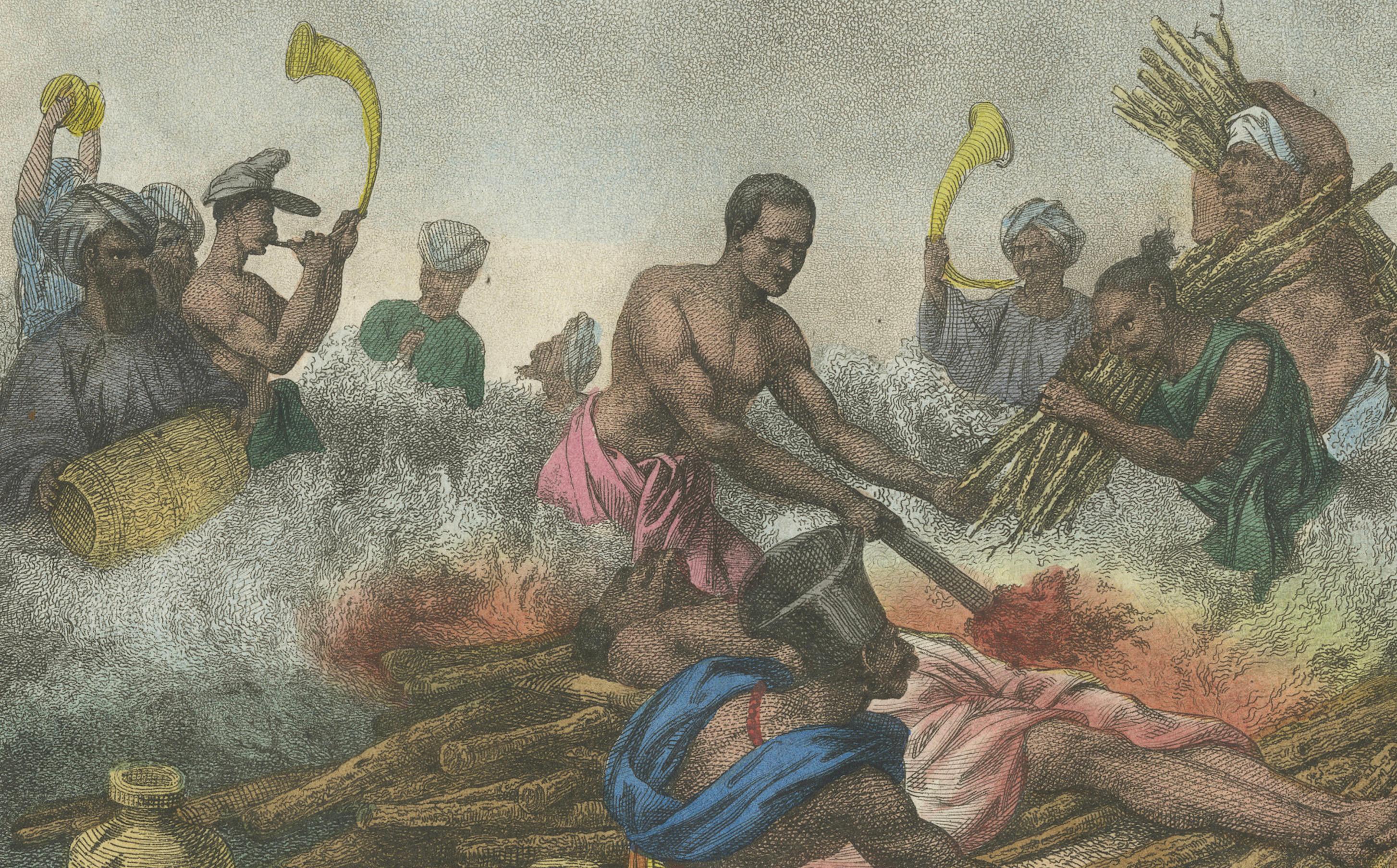 Représentation historique d'un sacrée d'une veuve sur un feu funéraire en Inde, 1827 Bon état - En vente à Langweer, NL
