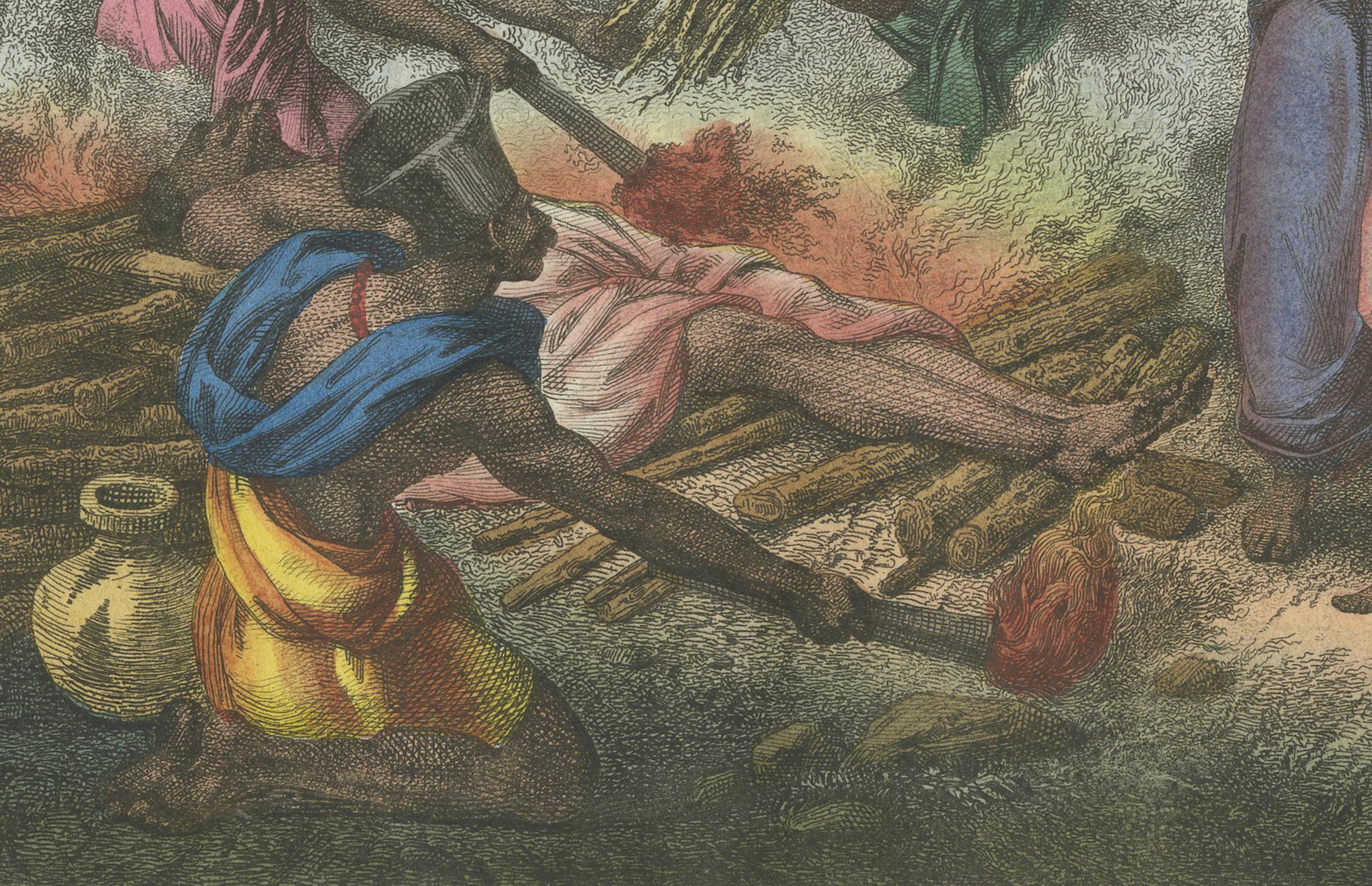 Début du XIXe siècle Représentation historique d'un sacrée d'une veuve sur un feu funéraire en Inde, 1827 en vente