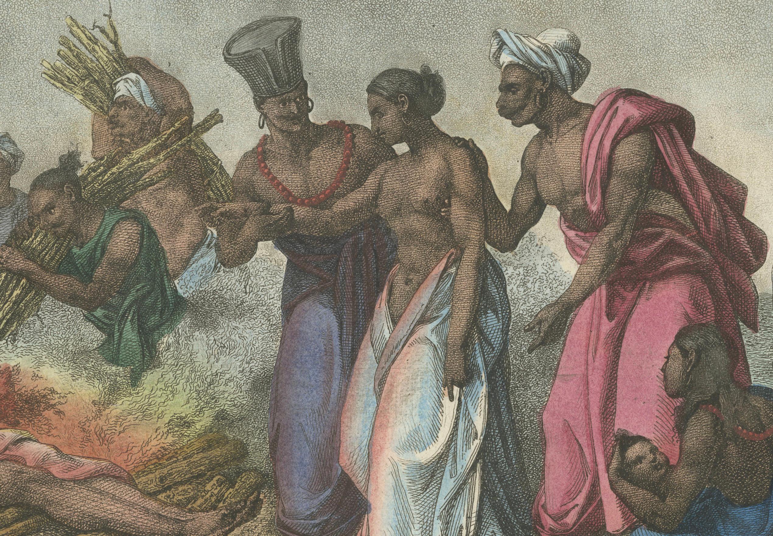Représentation historique d'un sacrée d'une veuve sur un feu funéraire en Inde, 1827 en vente 1