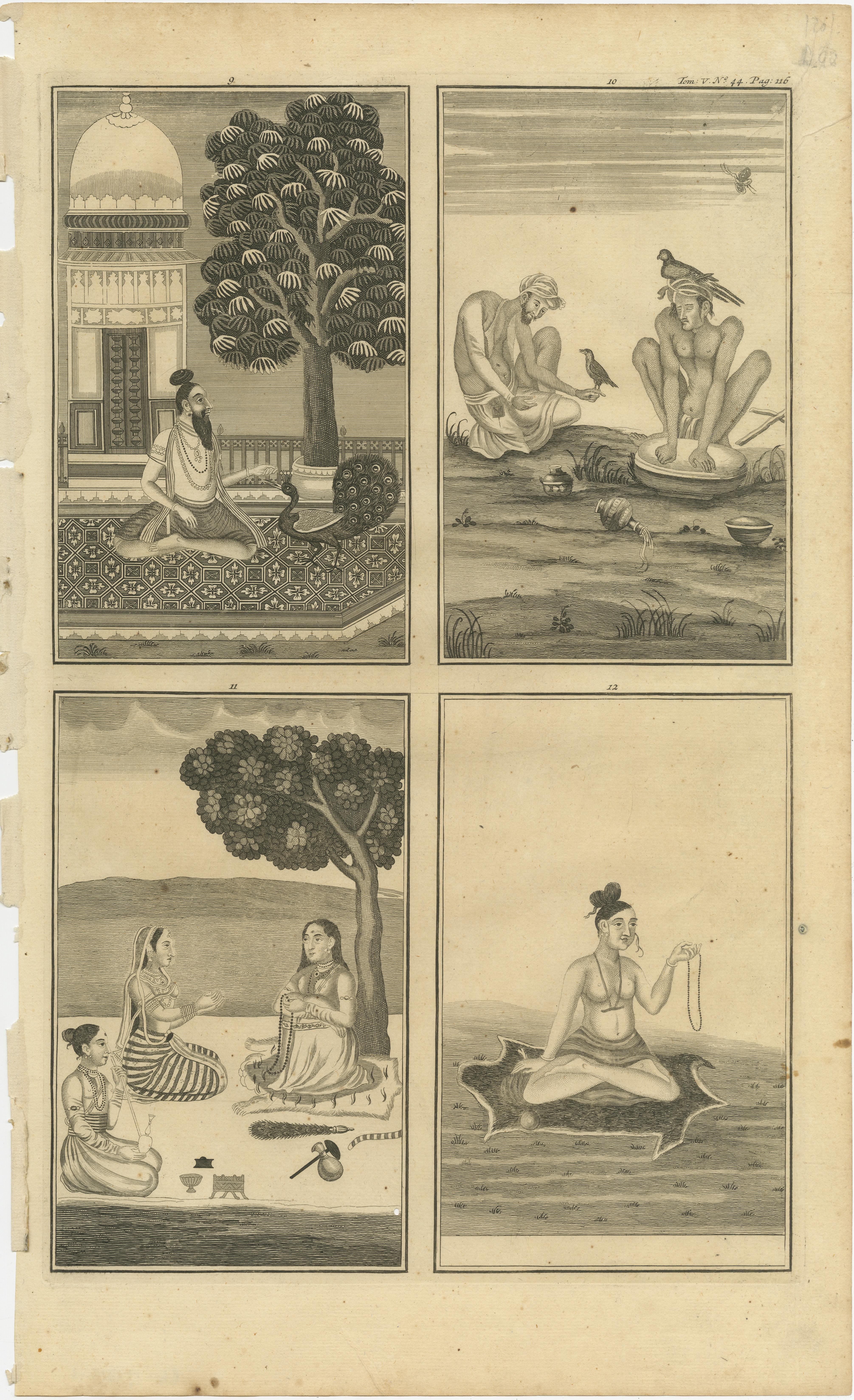 Historical Figures and Customs of 18th Century India on Three Antique Engravings In Fair Condition For Sale In Langweer, NL