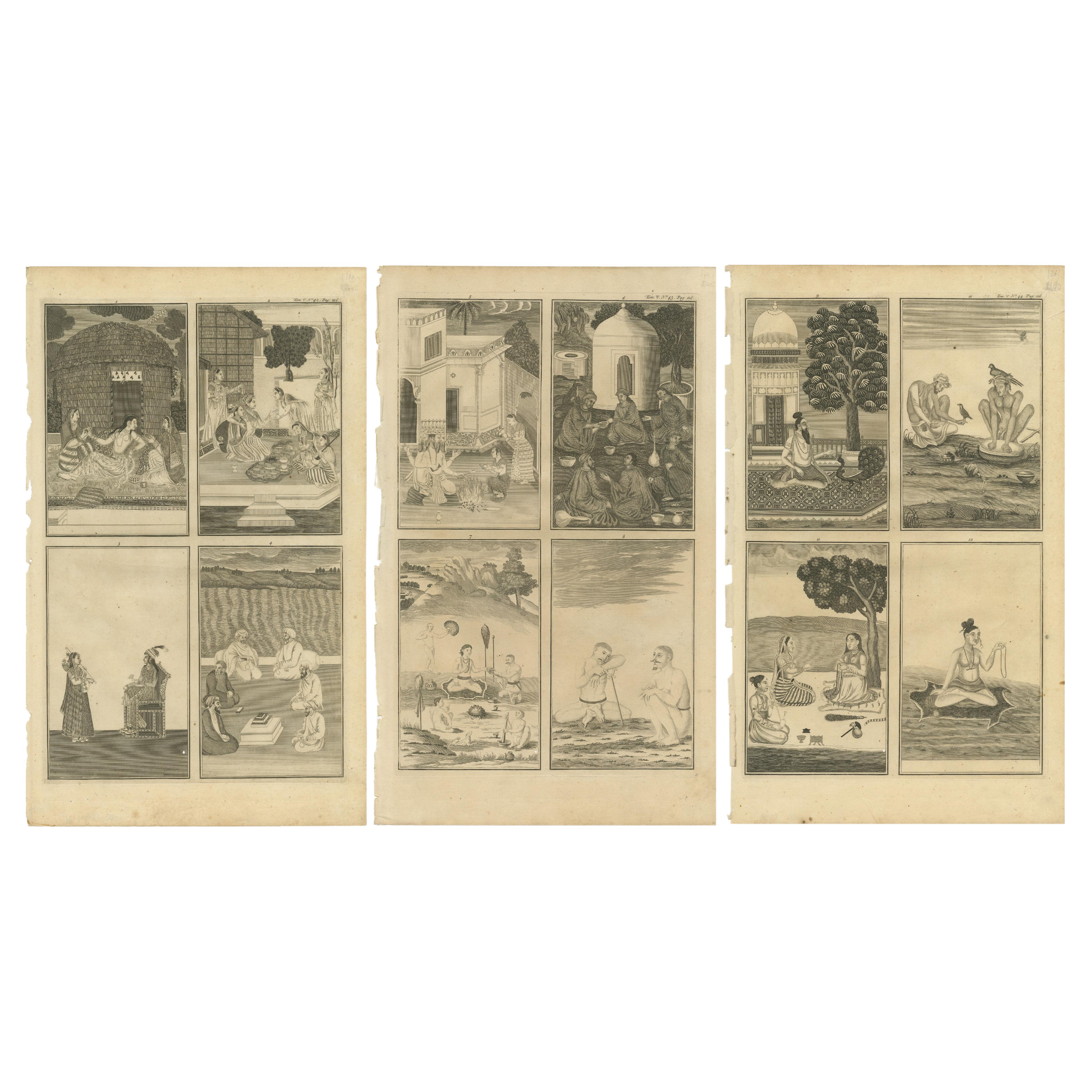 Historical Figures and Customs of 18th Century India on Three Antique Engravings